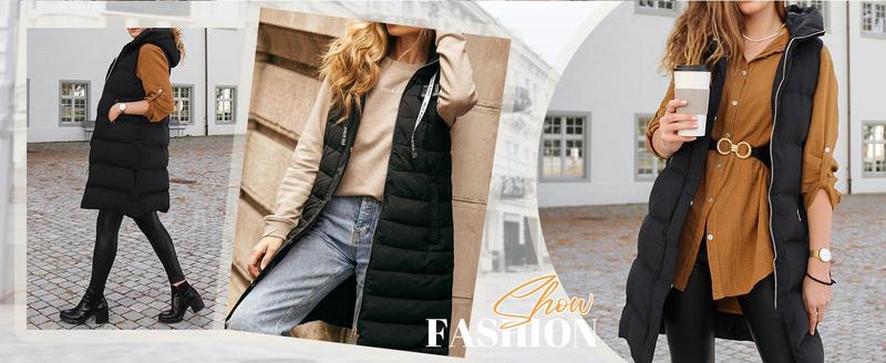 Imily Bela Women Long Vest Solid Color Sleeveless Hood Winter Puffer Vest Outwear
