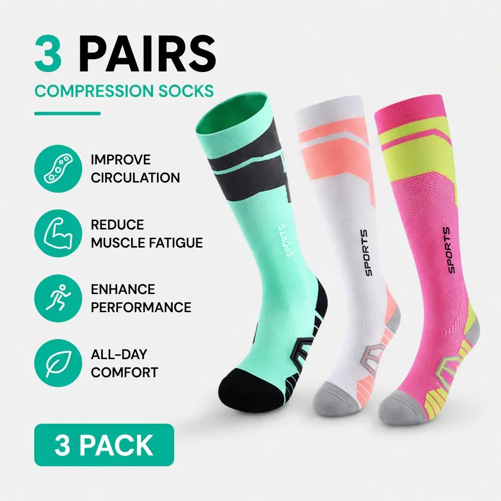 3 Pairs Women's Compression Socks, Knee High Athletic Socks with Arch Support and Reinforced Heel for Running, Sports and Recovery