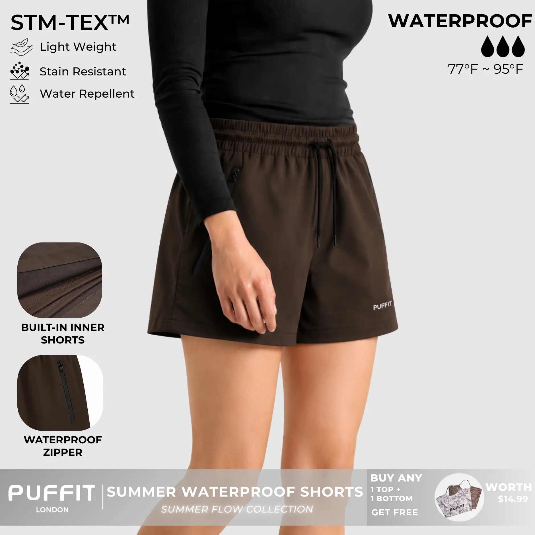 PUFFIT STM-TEX Waterproof Drawstring Summer Shorts With Built-in Inner Shorts,Stain Resistant,Waterproof,Sport,Running,Cycling,School Running,Summer,Comfortable