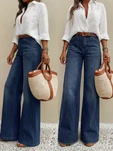 Women's High Waist Loose Straight Leg Denim Jeans Button, Comfortable Casual Style, Perfect for Daily Wear and Outdoor Activities, T-chic