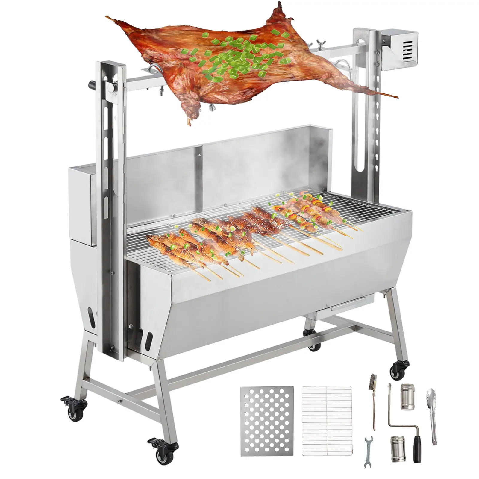 37in Heavy Duty  Stainless Steel Charcoal Rotisserie Grill – 132LB Capacity, 50W Electric Motor, Adjustable Height, Lockable Wheels, Wind Screen – Spit Roaster for Whole Pig, Lamb, Chicken – Outdoor BBQ, Camping, Parties