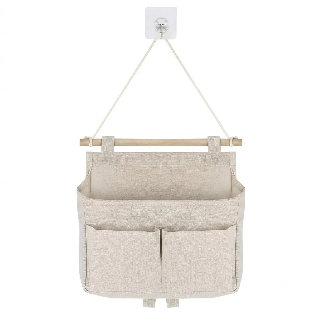 1 Pack Linen Fabric Hanging Wall Organizer Bag - Wall Mounted Storage Pocket with Wood Dowel for Bedroom, Closet, Living Room & Small Space Organization (Back to School Essentials)