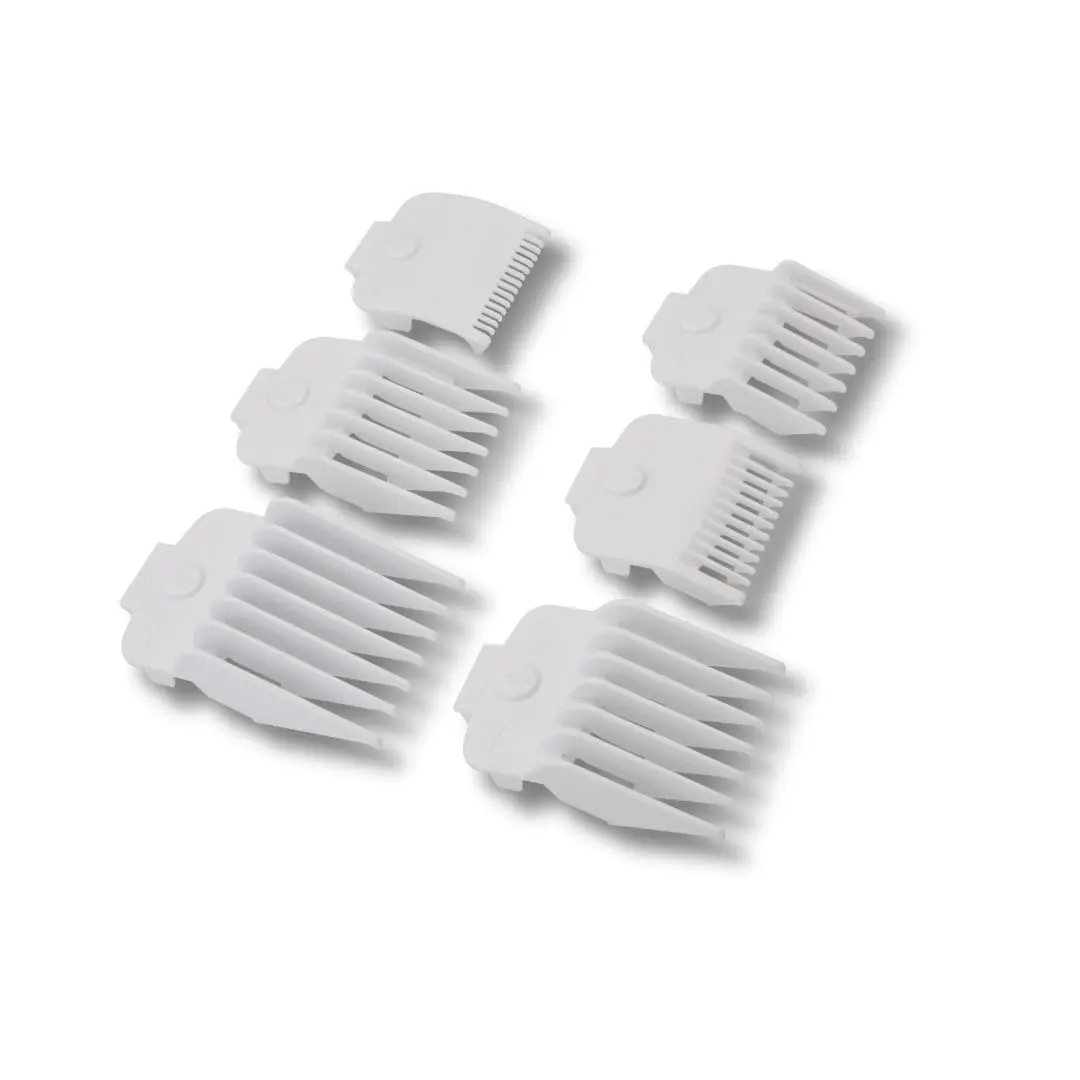 Professional Hair Clipper Guide Combs - 6-Piece White Plastic Attachment Set with Multiple Cutting Lengths for Hair Styling, No Warning Applicable