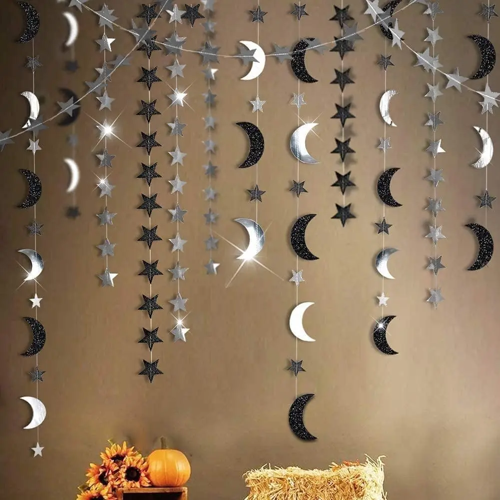 Black  Moon Garland Twilight Birthday Decoration  Streamer Gothic Party Decor Garland Ramadan Eid Mubarak Glitter Banner Celestial Wedding  Shower Summerween Halloween Decor