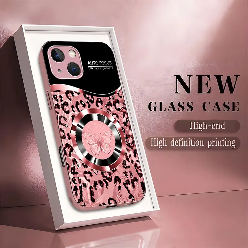 For【iPhone 13】Pink Leopard Print Luxury Tempered Glass MagSafe Compatible iPhone Case Shockproof Drop Protection Large Metal Camera Cutout Girly Aesthetic Phone Cover----9435