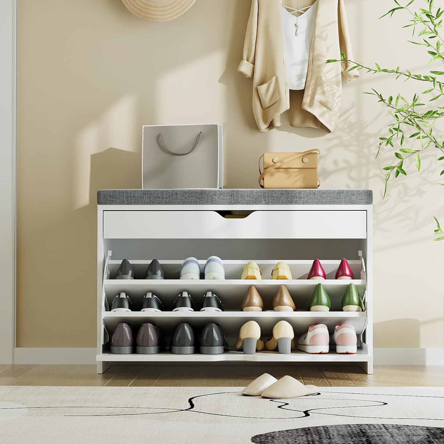 VOWNER Shoe Storage Bench with 3-Tier Flip Drawer, Shoe Rack Bench with Adjustable Shelves & Hidden Storage Space, Shoe Organizer for Entryway, Hallway, Living Room, White