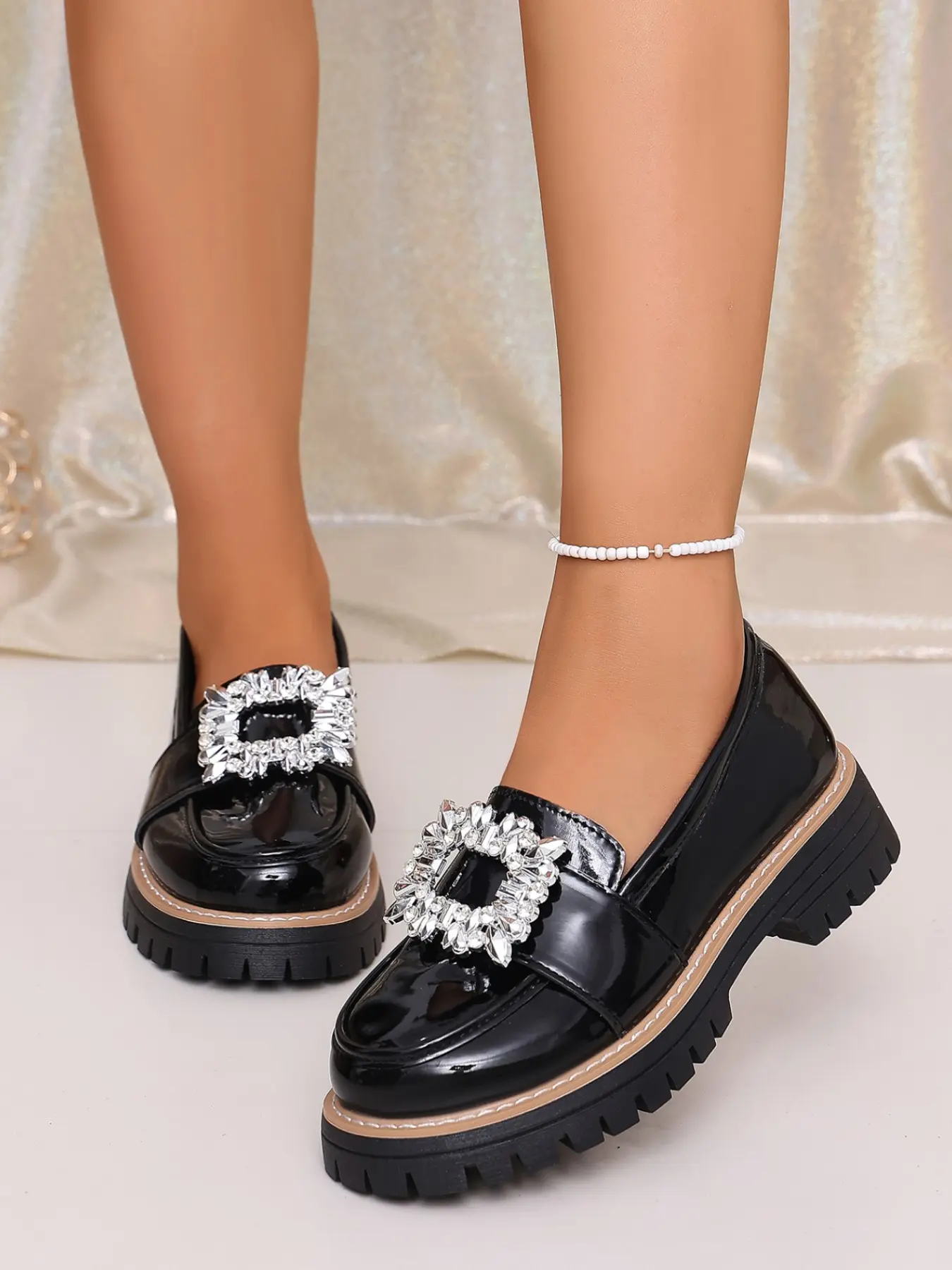 Luxury Colorful Rhinestone Loafers, Glossy Thick Sole, Anti-Slip PU Leather, Preppy Style, Perfect for Office, Students, Daily Wear