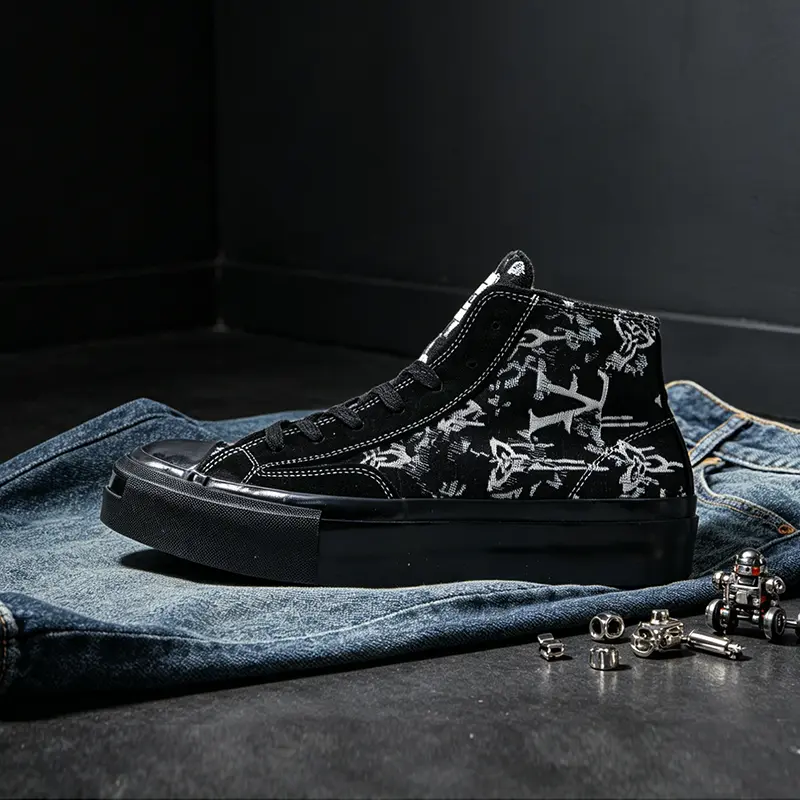 All Black Monogram Print High Top Vulcanized Sneakers Unisex Glossy Black Platform Sole Gothic Canvas Skate Shoes Dark Streetwear Casual Footwear for Men Women Teens