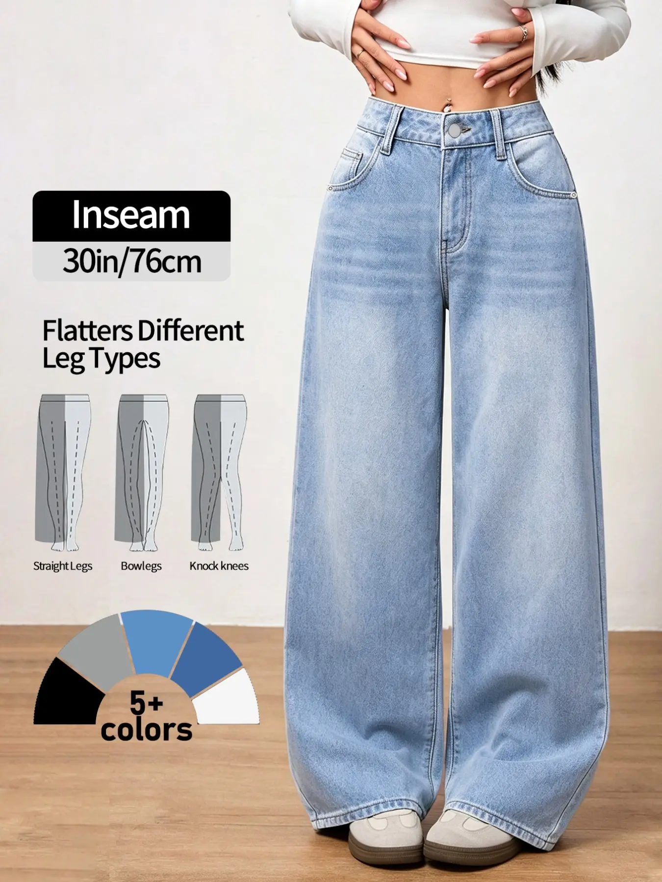 High-Waisted Wide-Leg Light Wash Jeans, Plain Color, Loose Fit, Floor-Length, Casual Y2K Style, Button Fly, Pockets, All Seasons