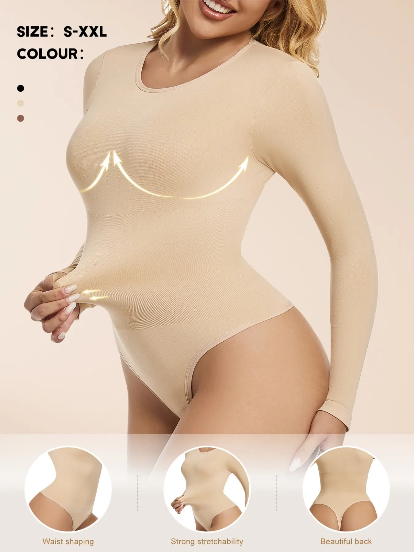 Women's Ribbed Long Sleeve Bodysuit, Seamless Tummy Control Shapewear, Curve Hugging Compression, Butt Lifting One-Piece Top, Casual Solid Color, All Seasons