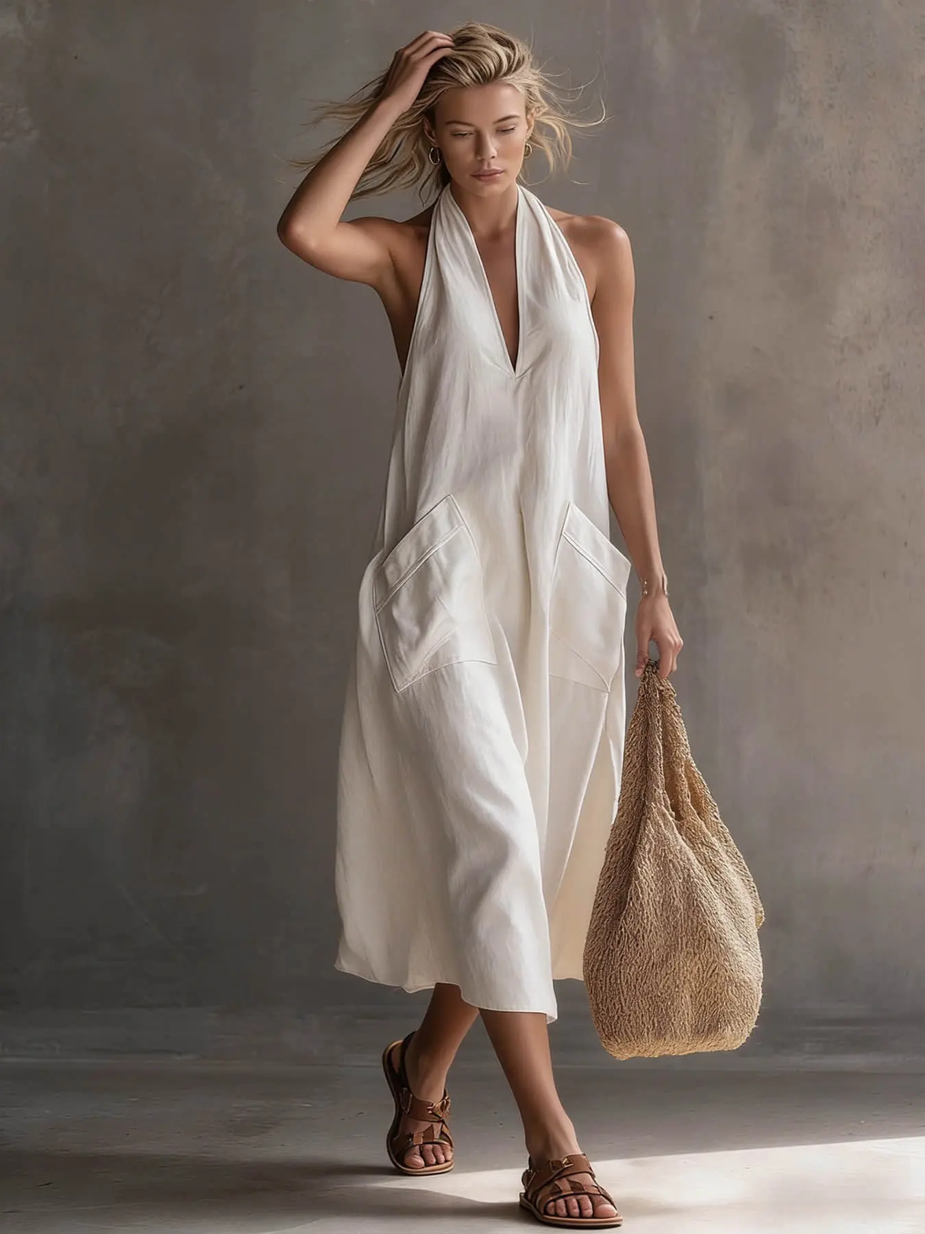 A fashionable women's neck hanging V-neck dress, summer Minimalist Casual loose sleeveless mid length lazy vacation long dress suitable for beach vacation, coffee shop relaxation, afternoon tea, daily commuting, light office banquet