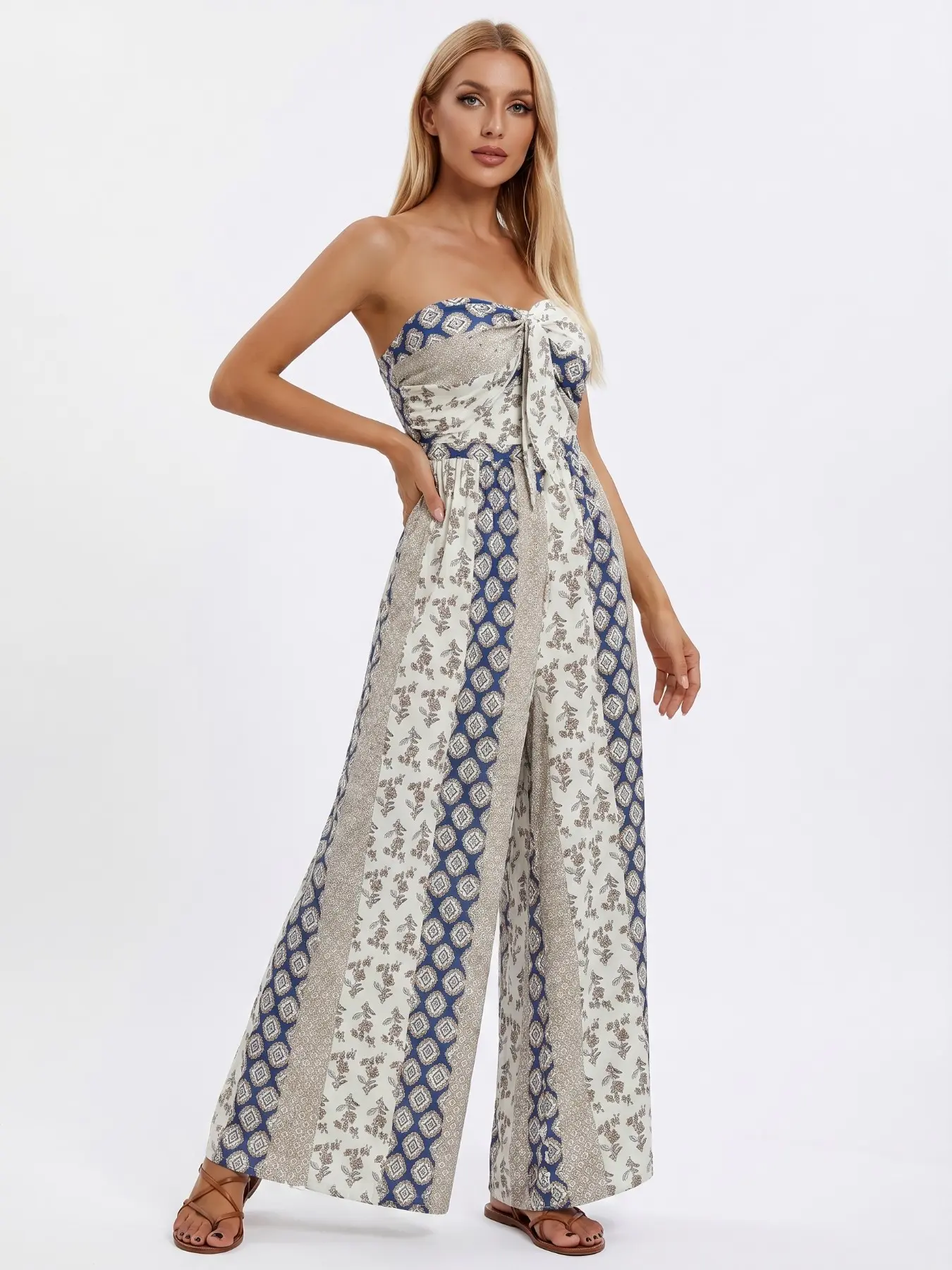 Women's Cool Print Front Tie Lightweight Wide Leg Romper, Vintage Casual Strapless Quick-Dry Soft Overall, Versatile Outdoor Wear