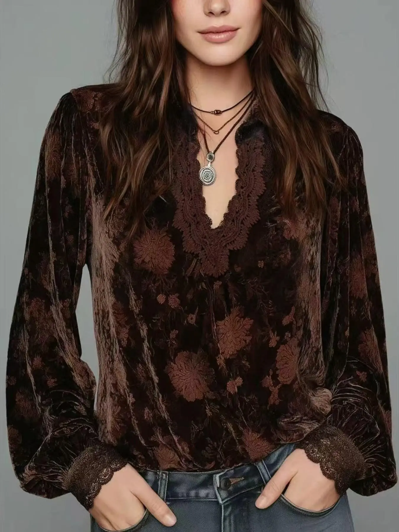 Women's Fashion French Vintage Deep V Velvet Lace Patchwork Floral Print Top, Fitted Long Sleeve Bohemian Boho Aesthetic Shirt, XS-2xl Sizes