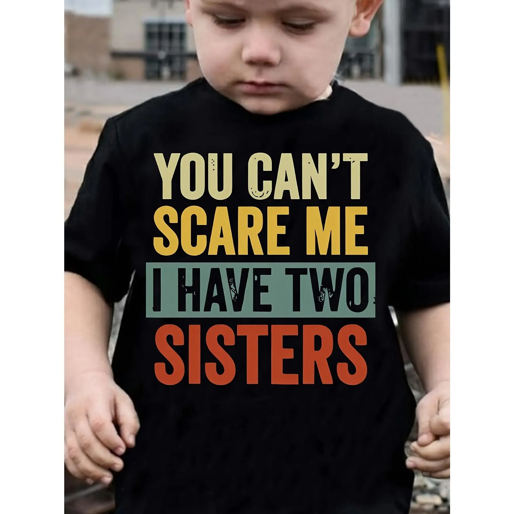 Kids Boys Girls Funny Sibling Graphic T-Shirt - 'You Can't Scare Me I Have Two Sisters' Bold Lettering Print, Casual Crew Neck Short Sleeve Tee for Daily Wear