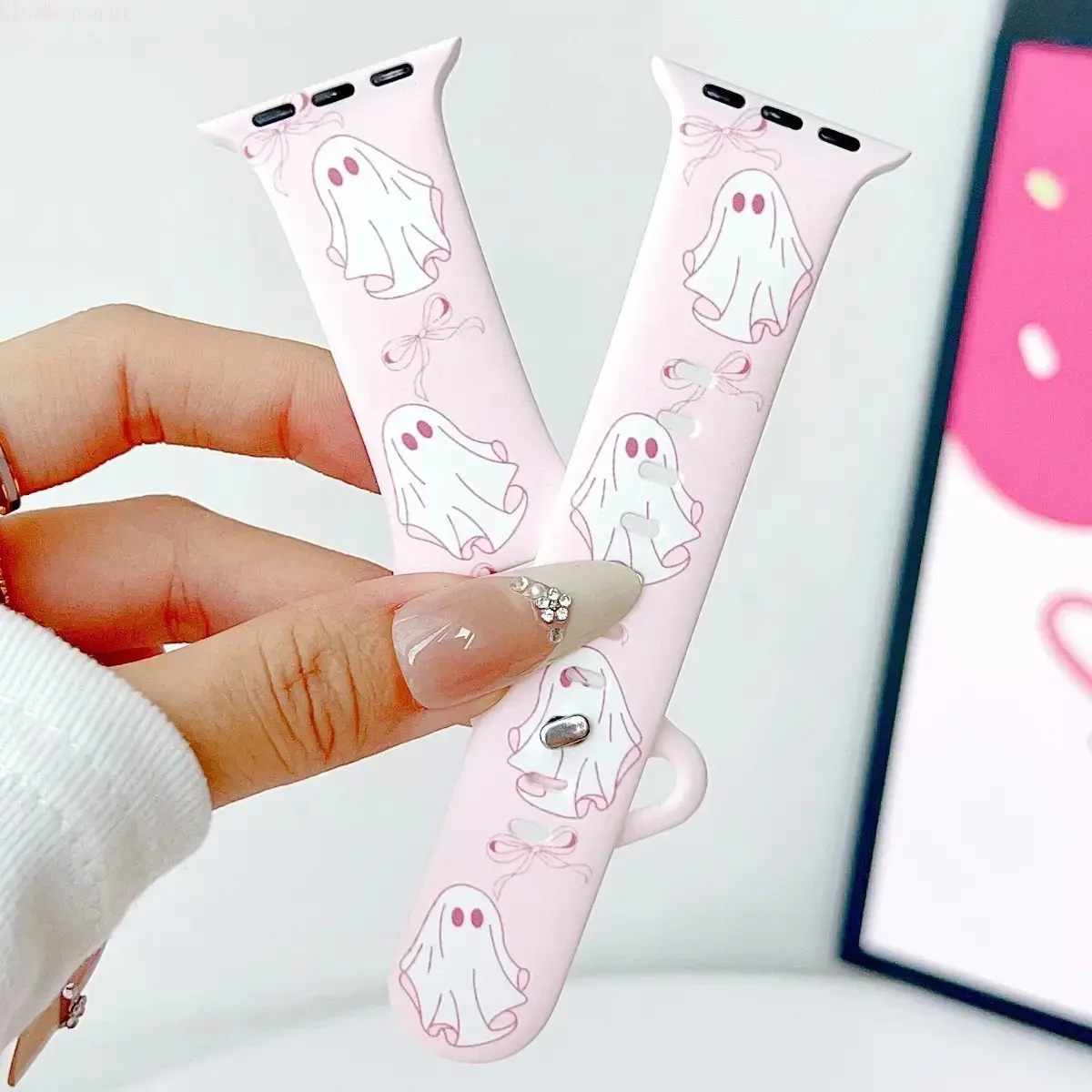 Silicone Watch Band for Women with Coquette Pink Ghost & Bow Print, Cute Halloween Wearable Strap Compatible with 38mm-49mm, Accessories, Single Strap