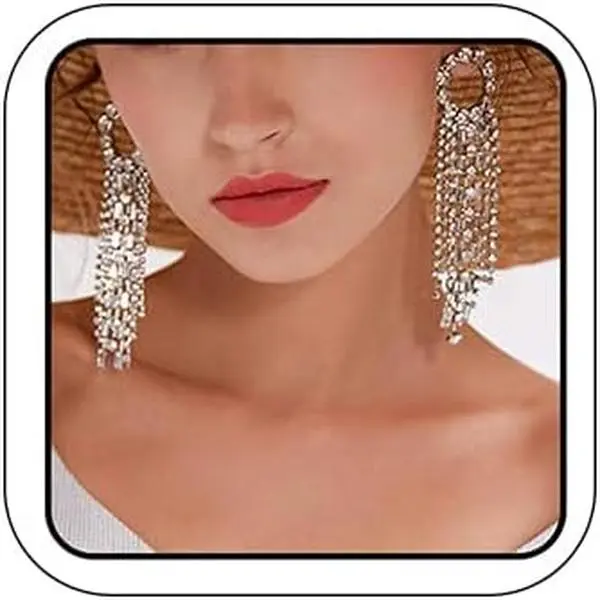 Fashion Women Earrings Silver Tassel Full Rhinestones Ring Long Chain Drop Dangle Earrings Jewelry for Women