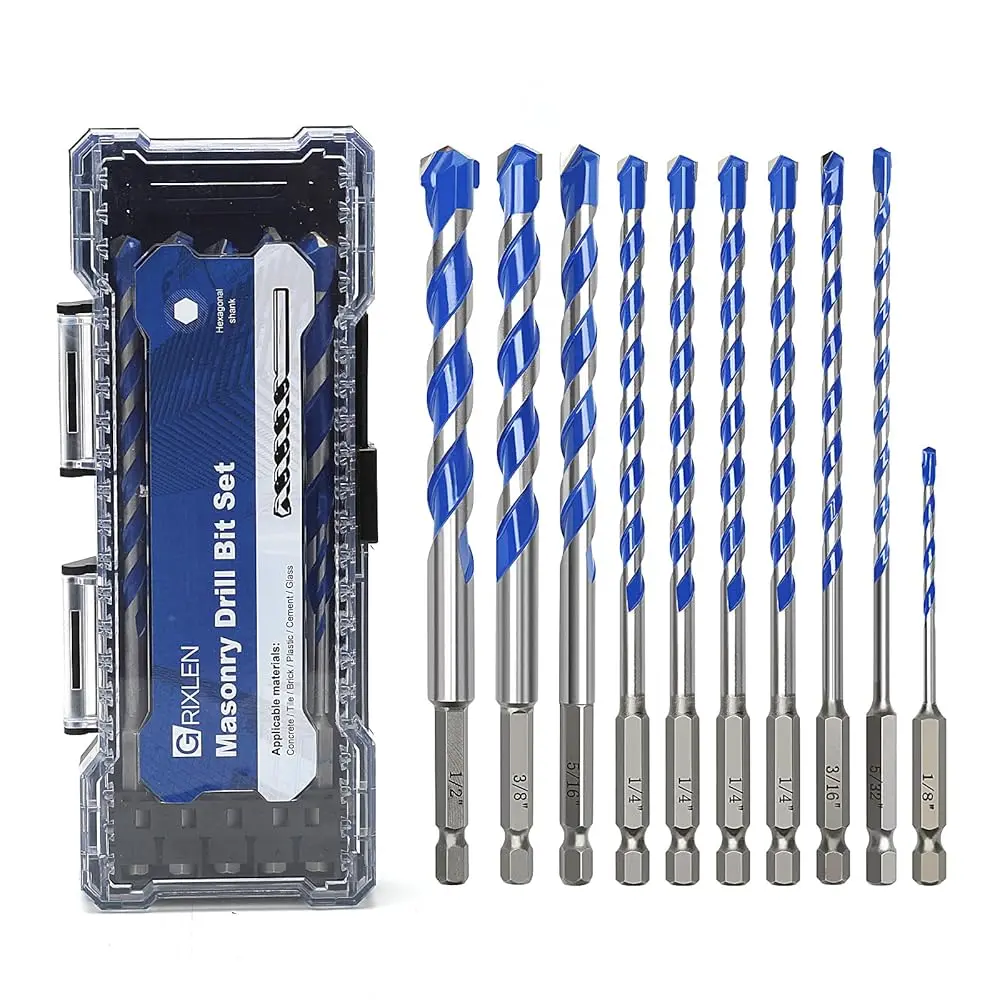 10 Pack 1/8 to 1/2 inch Concrete Drill Bit Set,Masonry Drill Bit Set with Hex Shank,Carbide Tip Drill Bits for Concrete, Tile,Brick, Plastic, Cement,Glass and Ceramic (1/8" - 1/2"(10 Pcs))