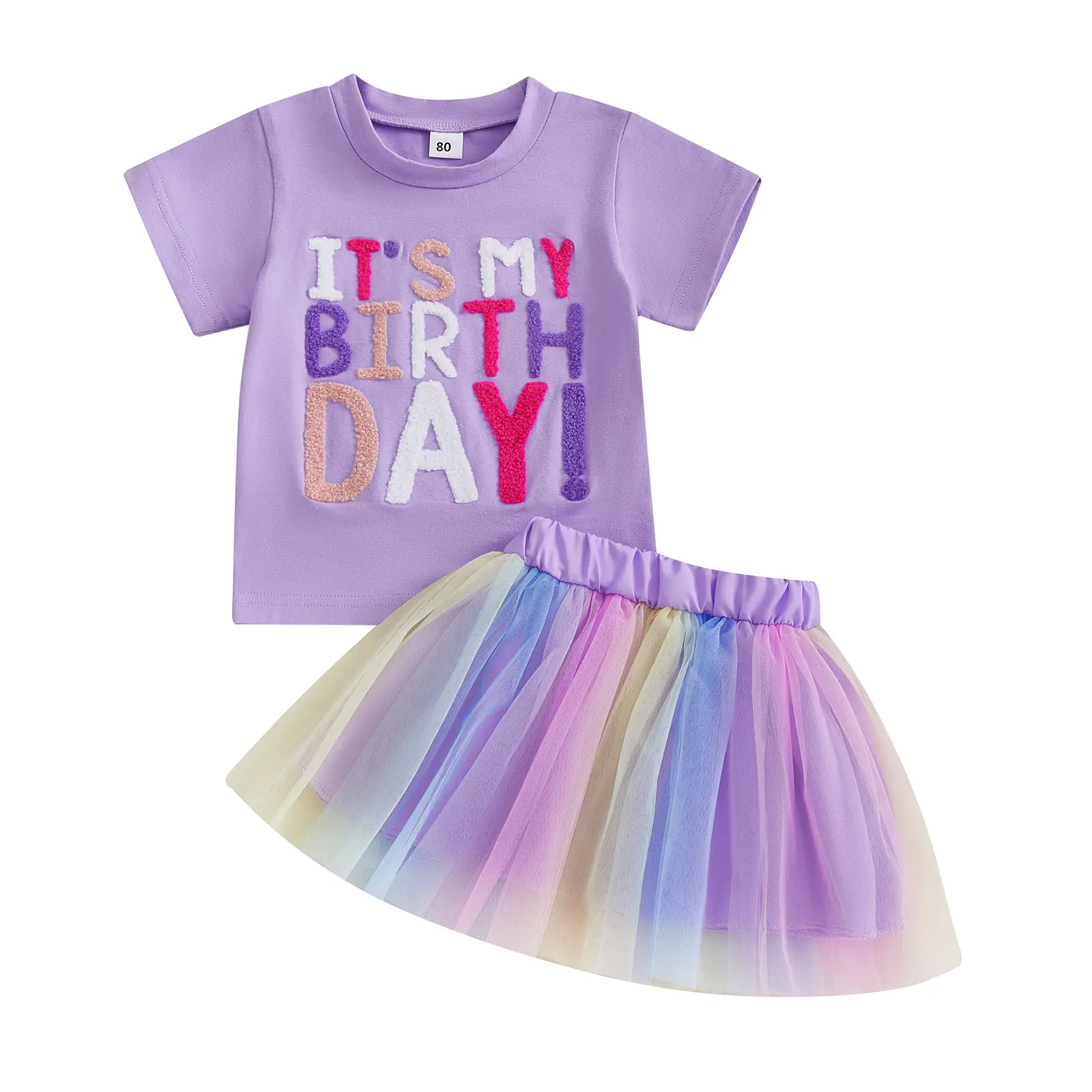 Toddler Girls Birthday Clothes It's My Birthday Letter Embroidery T-Shirt Short Sleeve Tops Colorful Tulle Tutu Skirt Sets for 1-5Years
