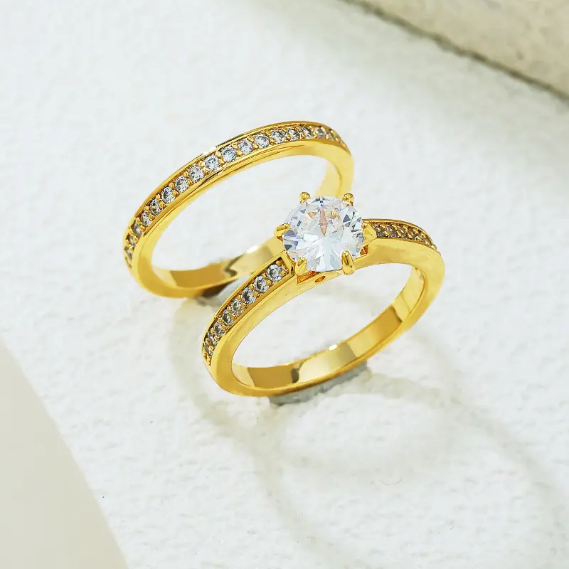 Women's 2-Piece Wedding Ring Sets, Gold-Tone Solitaire Engagement Band for a Bridal Ring Stack