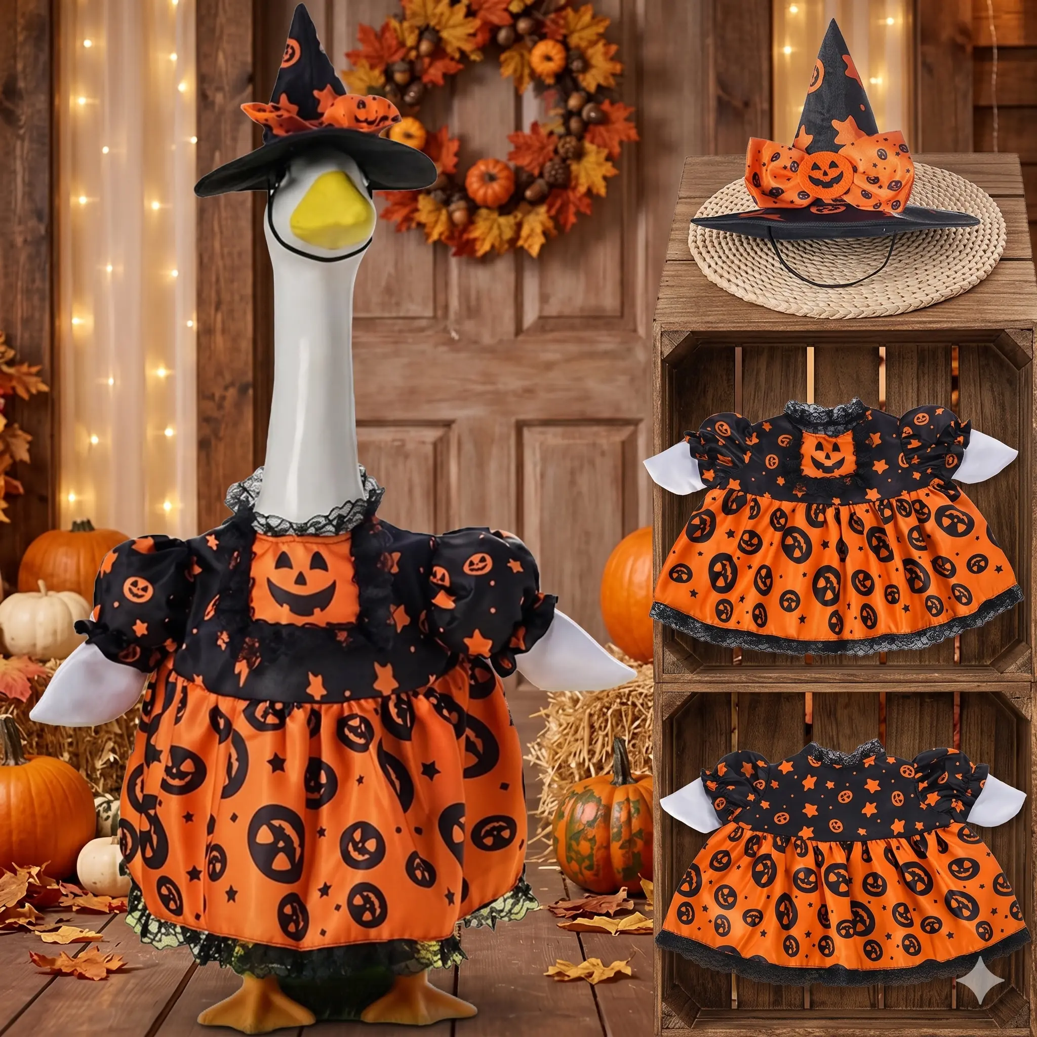 Spooky Halloween Lawn Statue Outfit Set, Black-Orange Pumpkin Print Puff Sleeve Dress with Chest Pumpkin Face & Lace Trim, Matching Pointed Witch Hat Accessory for 17in/23in Porch Goose Statues, Fall Garden Decor Gift