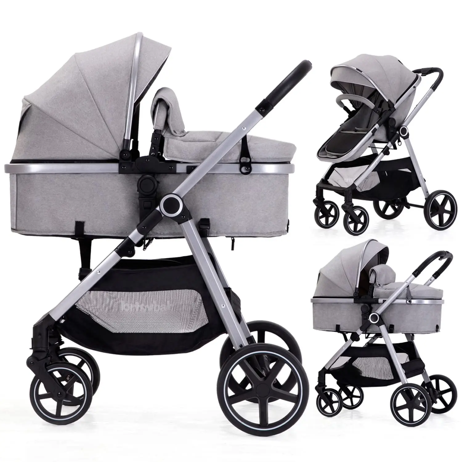 2-in-1 Baby Stroller - Folding Infant Newborn Pram Stroller with Reversible Seat - Toddler Strollers  0-36 Months Old Babies (Grey)