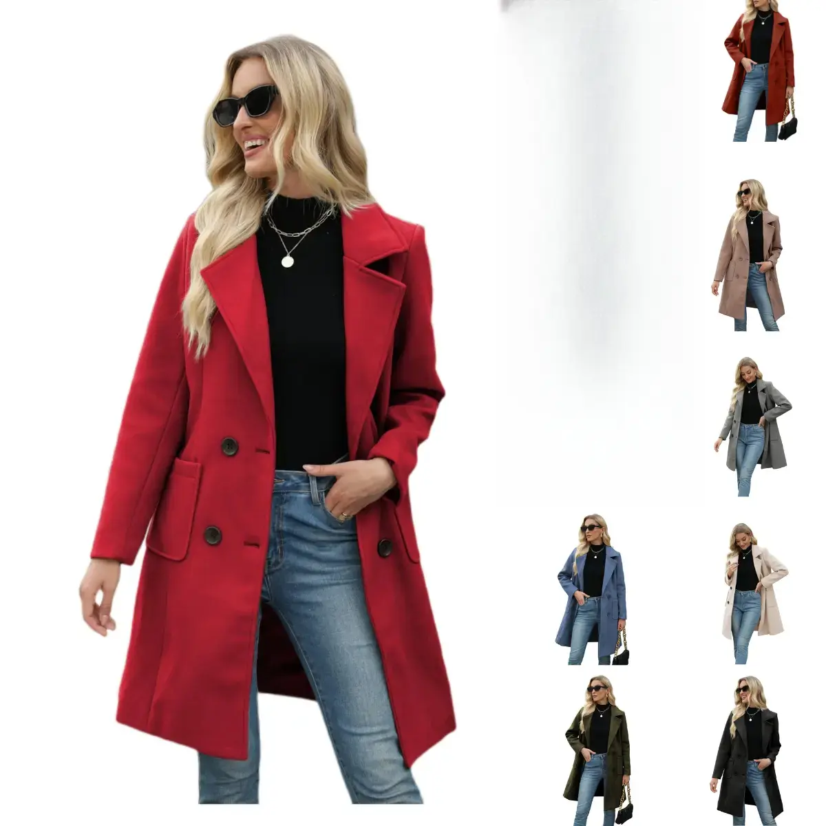 Women Winter Wool Blend Camel Mid-Long Coat Notch Double-Breasted Lapel Jacket Outwear