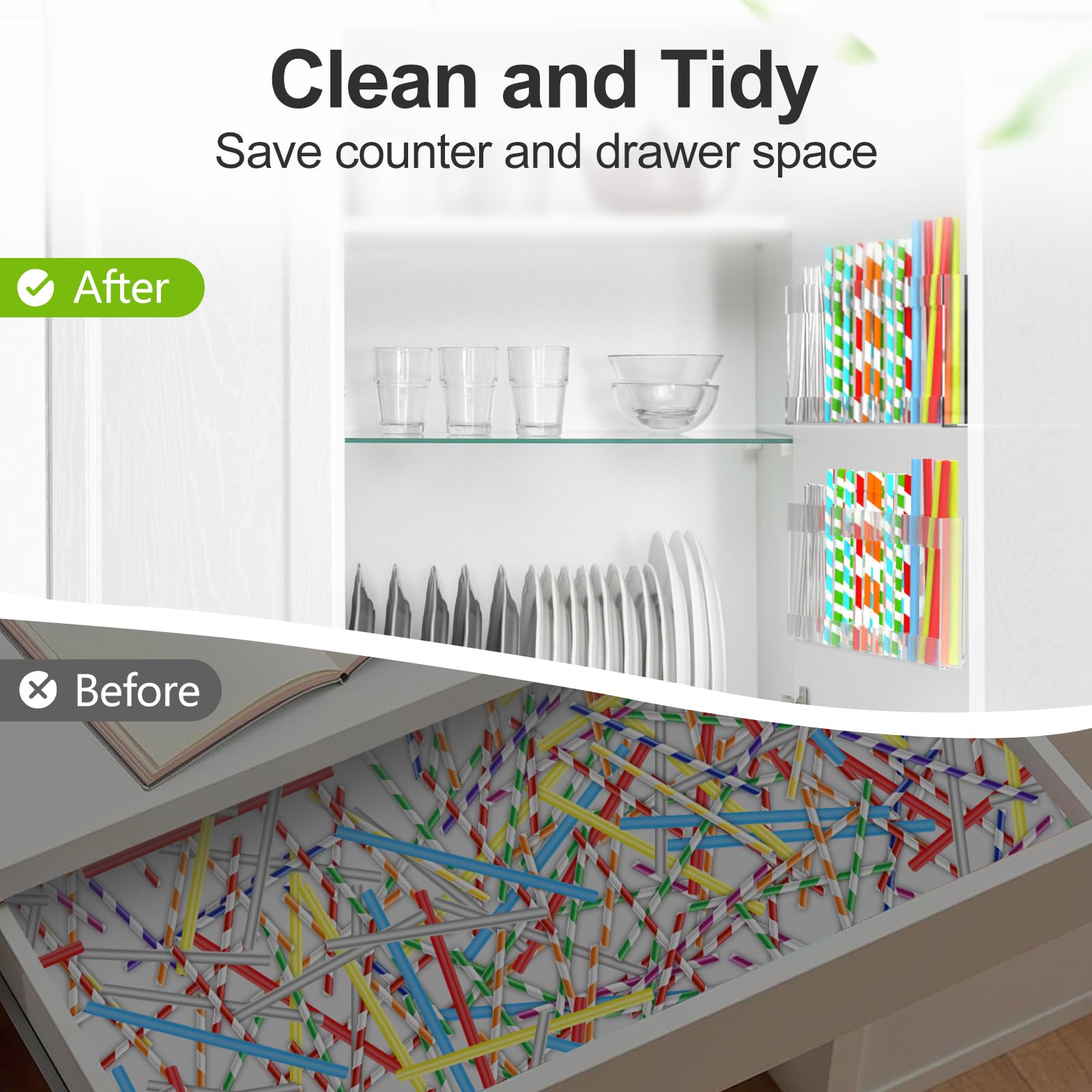 9.5" Adjustable Acrylic Straw Holder - 1-Part Large Organizer with Ultra-Sticky Adhesive, Fits Cabinet Doors, 2025 Reusable Straw Storage for Kitchen Cupboards (Transparent)