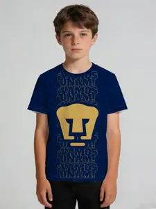 Boys' Sports T-Shirt, Navy Pumas UNAM Fan Slogan, Stone Texture Team Badge Fan Crew Neck Short Sleeve, Soft Sweat-Wicking No Deformation, for PE Training Soccer Outdoor Party, Machine Washable Kids Gift
