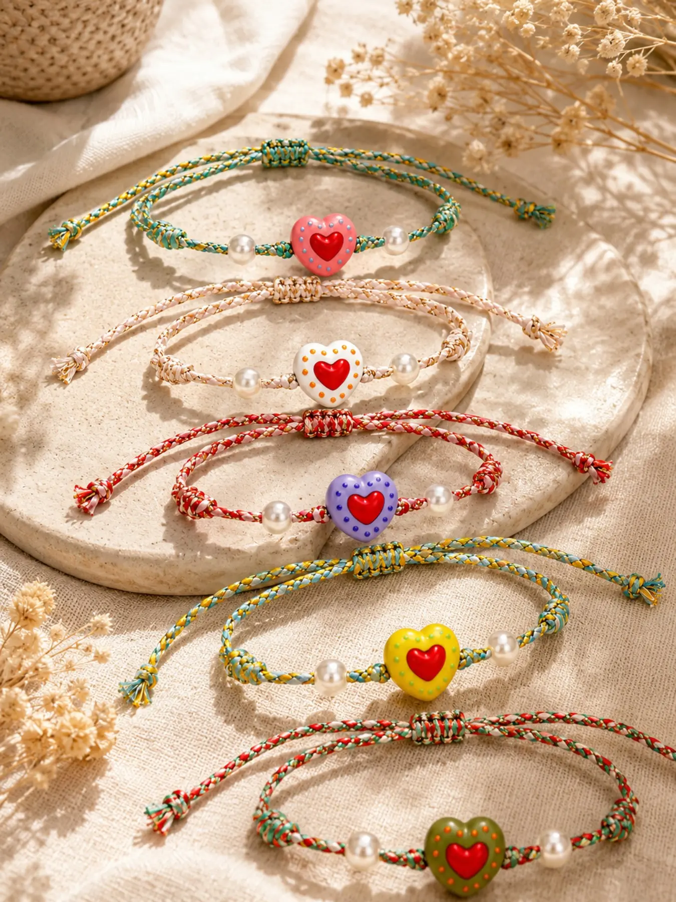 5-Piece Set Colorful Heart Braided Bracelets for Women, Adjustable Pearl Beaded Sweet Versatile Couple Friend Friendship Bracelet Gift