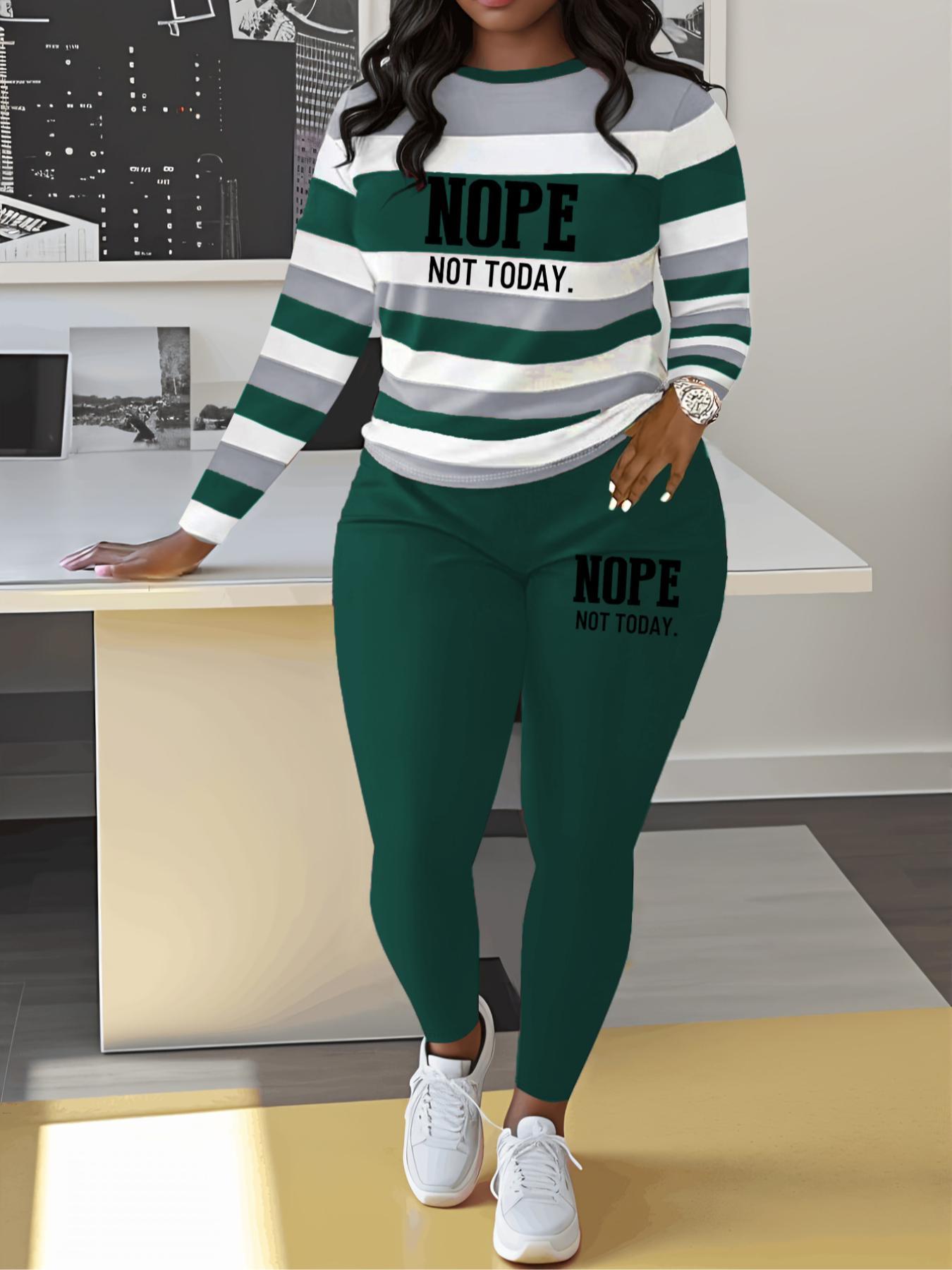 Two-piece Set Women's Striped and Letter Print Tee & Elastic Waist Pants, Casual Long Sleeve Top & Trousers for Spring & Fall, Women's Clothes for Daily Wear, Casual Outfits Women, Casual Lounge Set