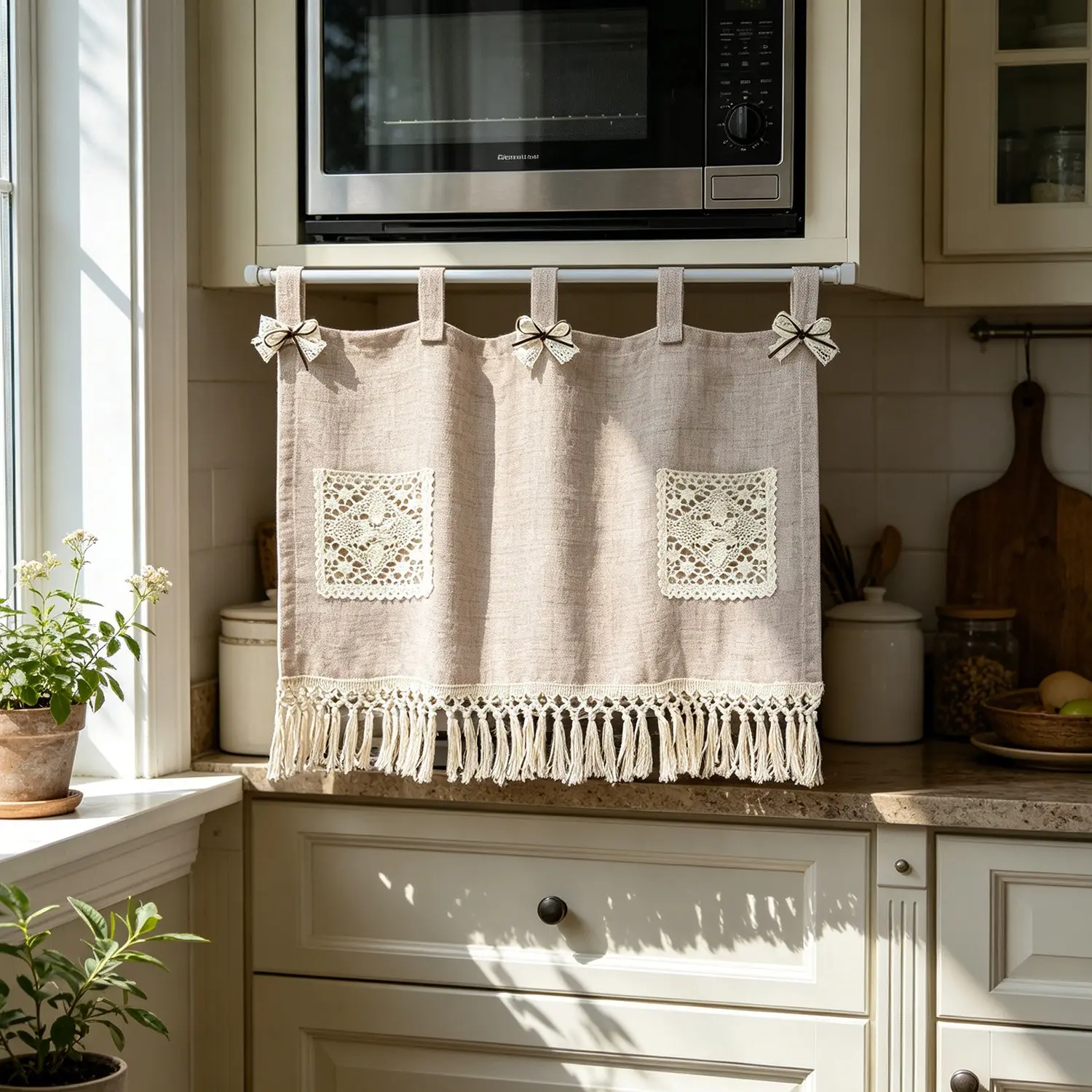 1 panel Boho Oven Curtain Tab Top Linen Window Valance with Crochet Storage Pocket,Farmhouse Macrame Window Toppers Tassles for Kitchen/washing Machine