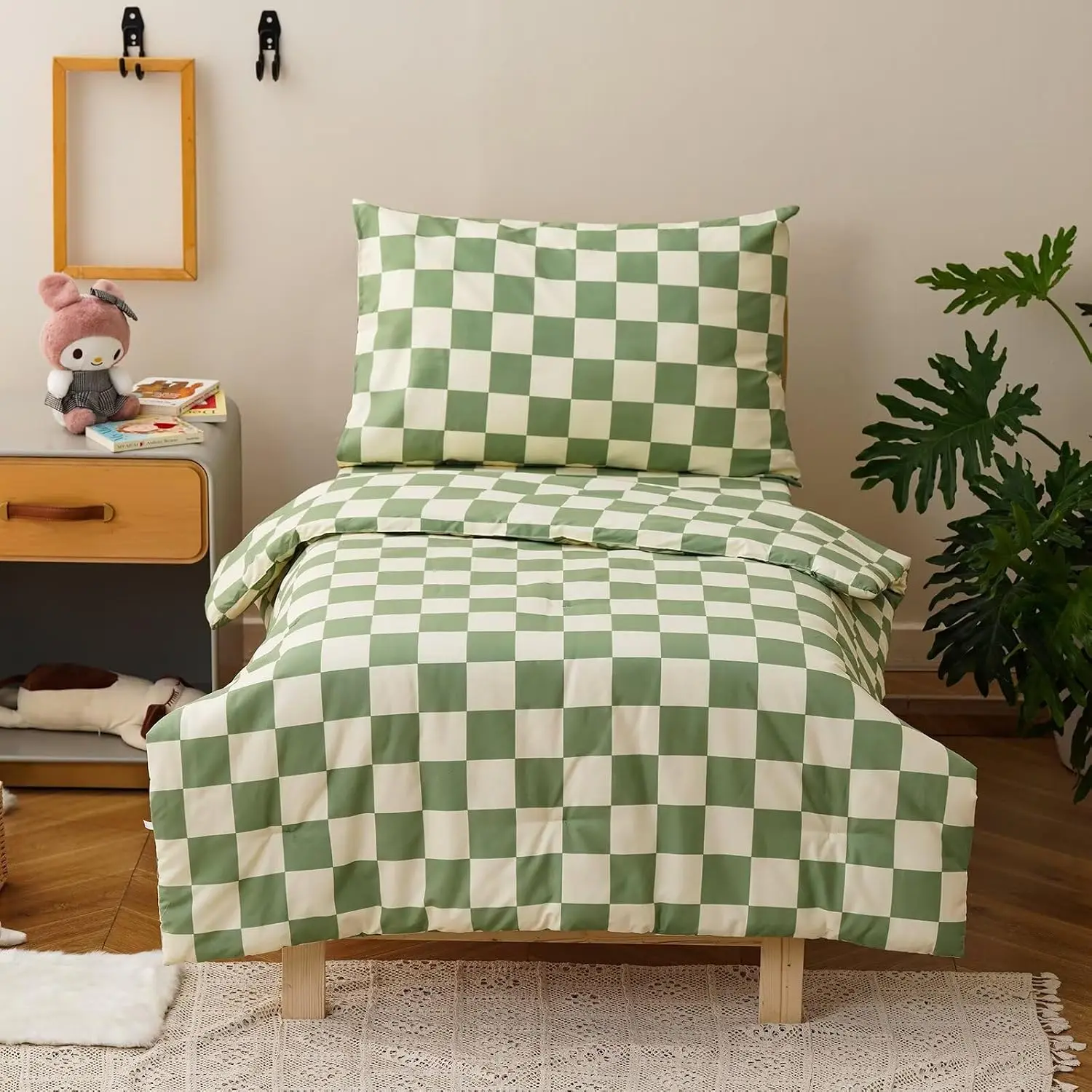 4 Pieces Plaid Toddler Bedding Sets for Boys Girls, Green White Grid Checkerboard Pattern, Soft Crib Bed Set Including Comforter, Flat Sheet, Fitted Sheet and Pillowcase