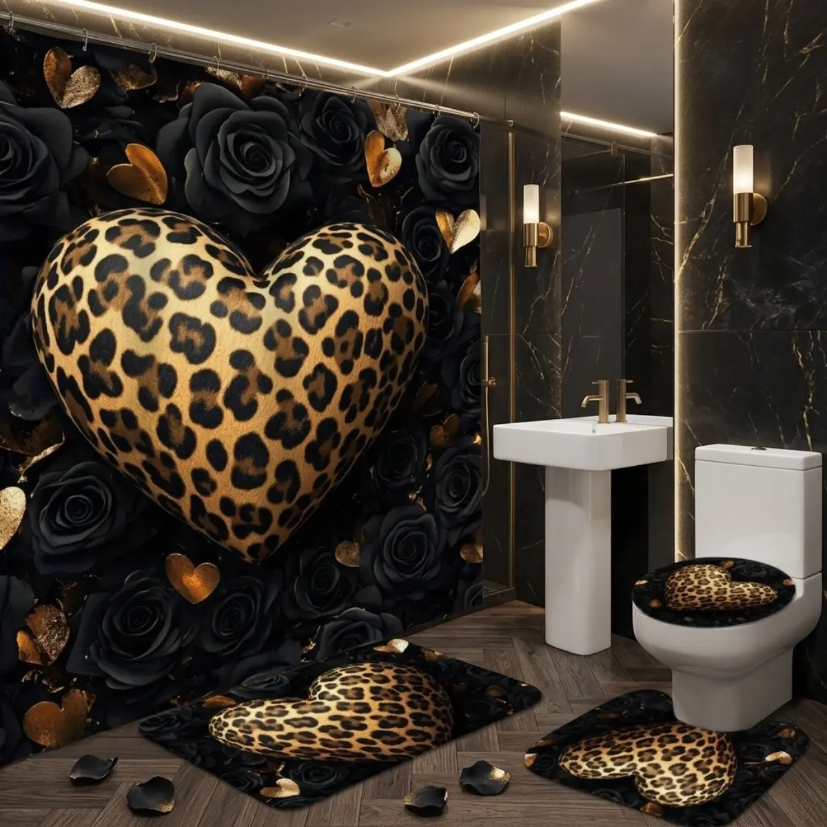 1/4 pc black rose and leopard print heart design, exquisite shower curtain set, non-slip mat, U-shaped rug, toilet seat cover, perfect for Leopard Bathroom Decor, beautifies the space, Bathroom Decoration Accessories, includes 12 shower curtain hooks.