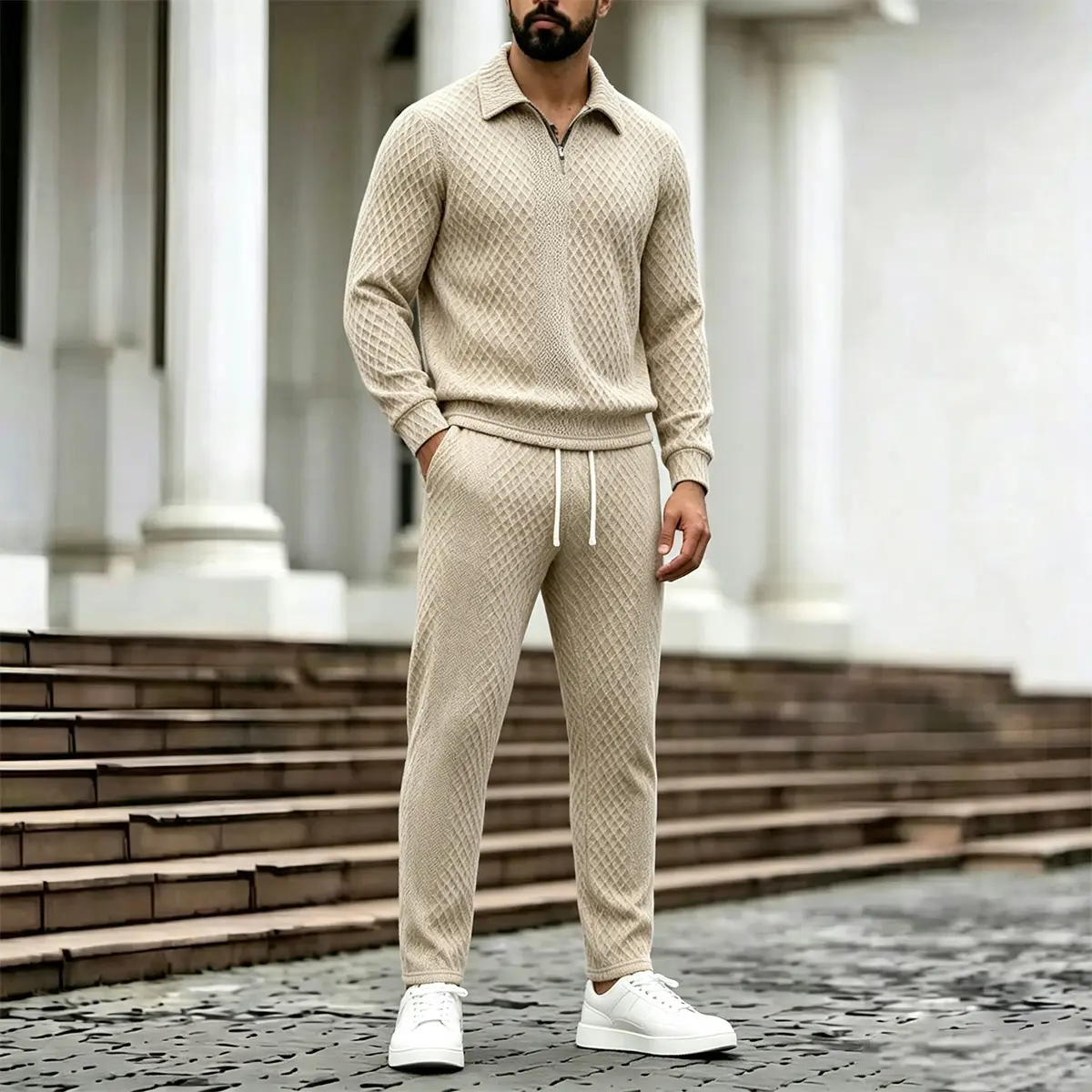 Men Delicate Grid Jacquard Half Zip Polo Tracksuit Multiple Neutral Solid Tone Combinations Spacious Relaxed Torso Cutting Reinforced Cuff And Hem Rib Stitching Continuous Diamond Embossed Surface Wrinkle Resistant Breathable Material