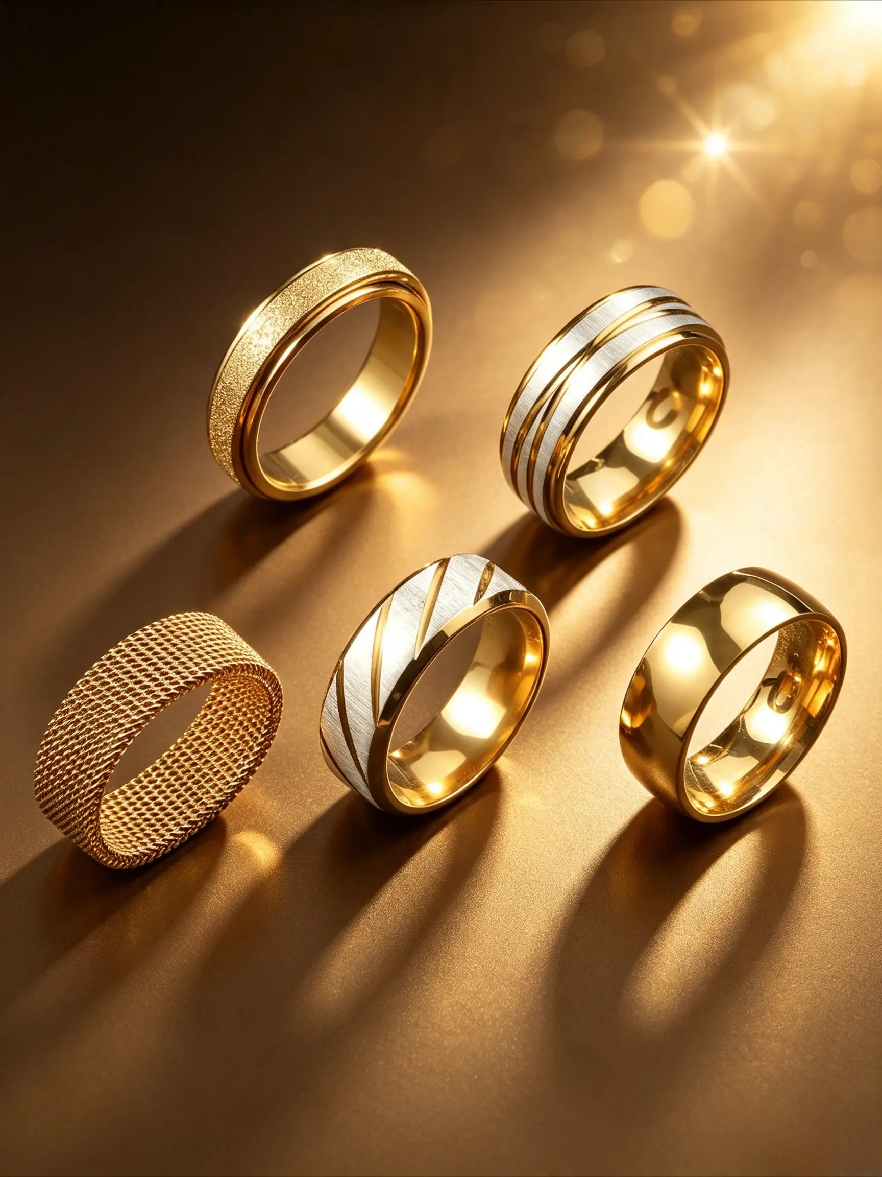 5Pcs Stainless Steel Band Rings Set for Men Women, Rotatable Fidget Sand Finish Ring, Mesh Texture & Brushed Groove Comfort Fit Bands, Gold Silver Plated Hypoallergenic Minimalist Jewelry for Daily Wear, Street Style, Club Party, Birthday Gift