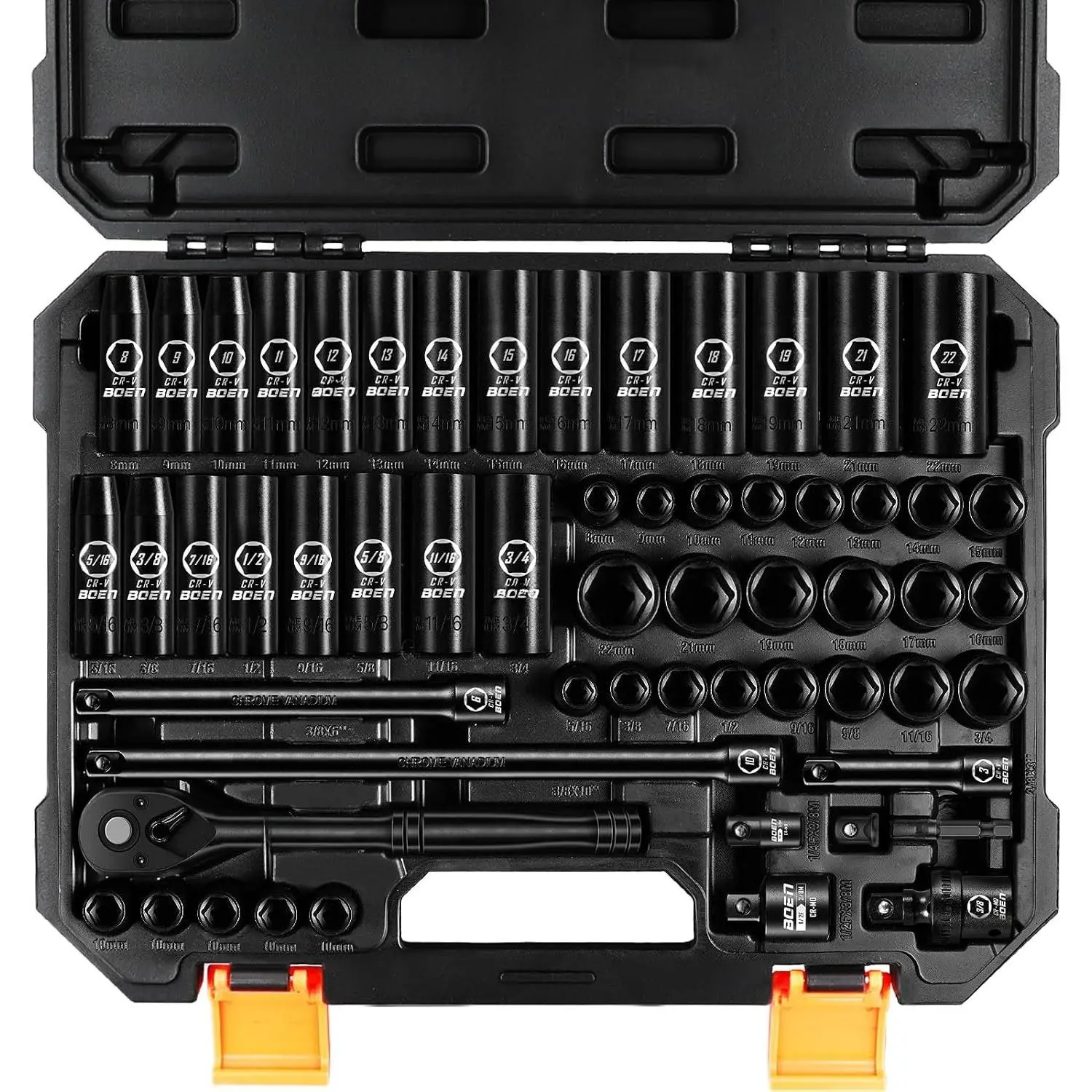 3/8" Drive  Socket Set, 57- Standard SAE (5/16 to 3/4 inch) and Metric (8-22mm), Include Ratchet Handle, Extension Bar,  Joint, Adapter, and Additional 5 10mm Sockets
