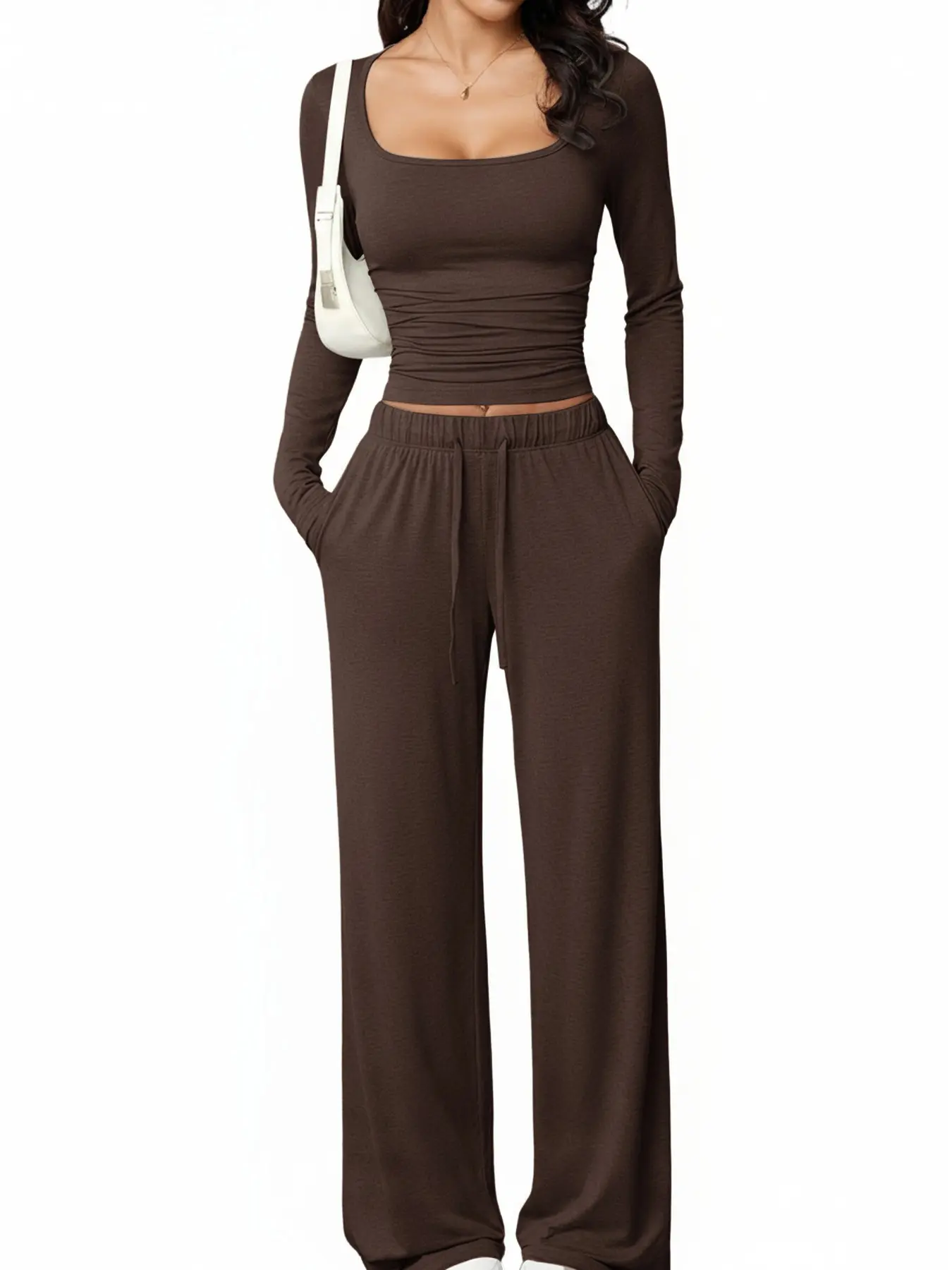 Ladies Versatile Four-Season Loungewear Pajama, 2 Piece, Square Neck, High Stretch, Slim Fit, Long Sleeve & Pants, Home Wear