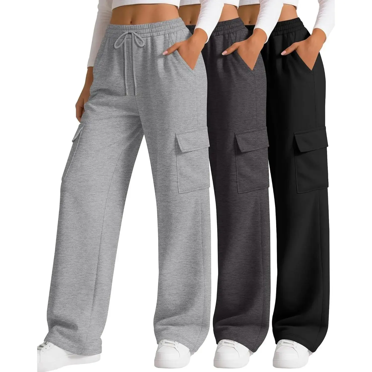 3 Pack Women's Cargo Sweatpants Wide Leg Baggy Loose Elastic Drawstring Pants Casual Athletic Joggers with 4 Pockets