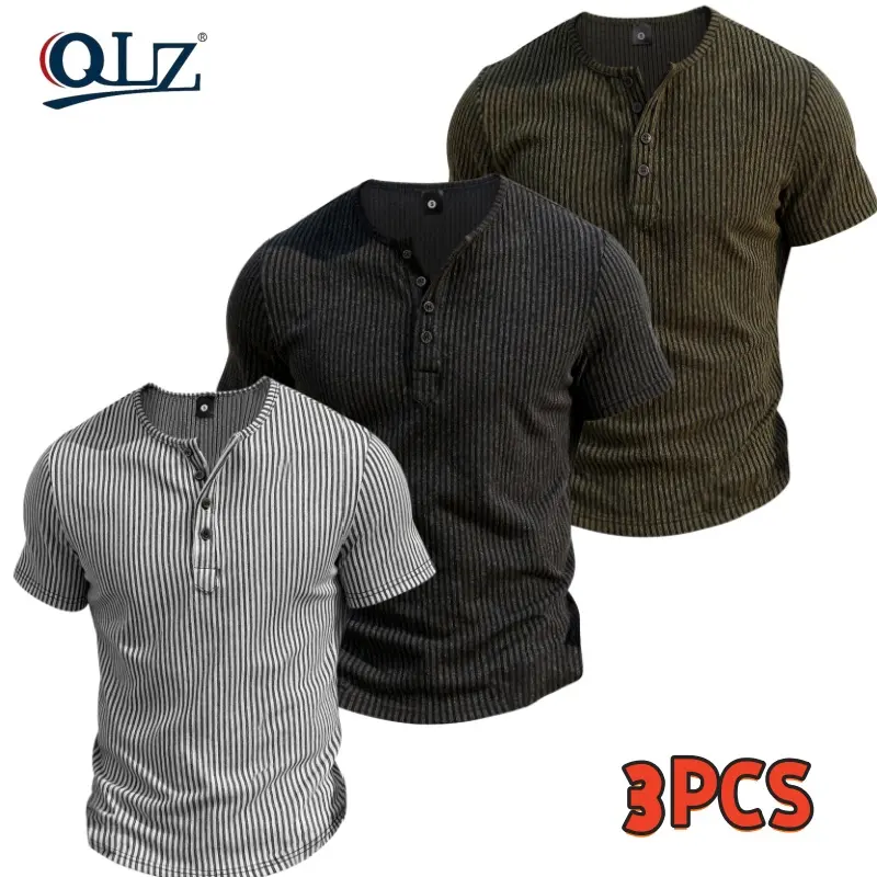 Men's Casual Henley Tops, Regular Fit Short Sleeve Striped T-Shirt, Heavy-Duty Fabric with High Color Fastness, Menswear