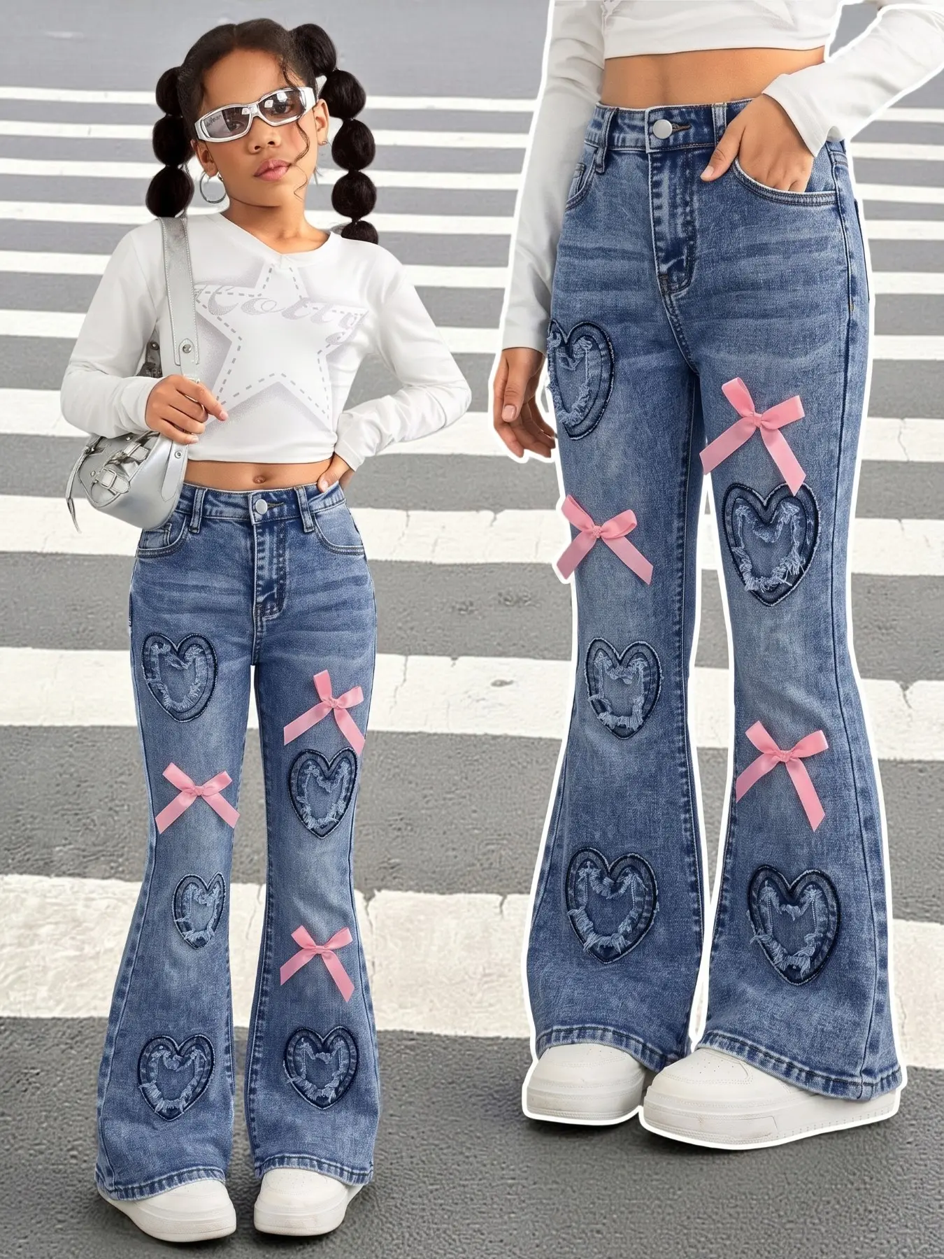 Girls Vintage Star Embroidery High Waist Fit Wide Leg Jeans 130-160cm, Retro Khaki Mud Wash Denim Pants with Pink Bow, Contrast Stitching Baggy Trousers for Kids & Teens, Y2K Streetwear