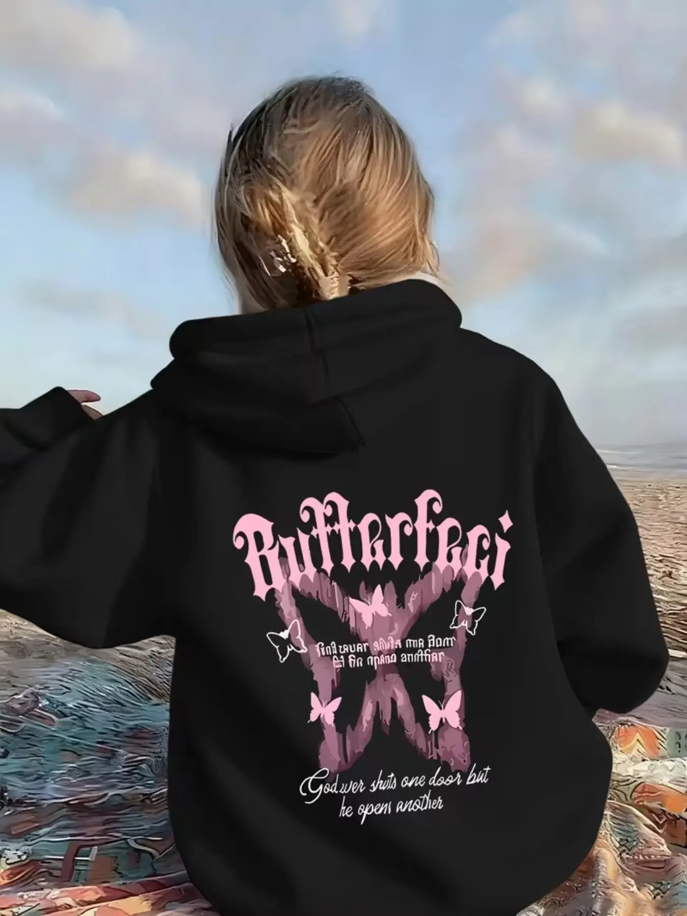 Girls' Teenage Fashion Sweatshirt Hoodie, Long Sleeve, Cartoon Butterfly Print, Casual Slim-Fit, Easy Care, Perfect for Daily Wear, Comfortable and Fun
