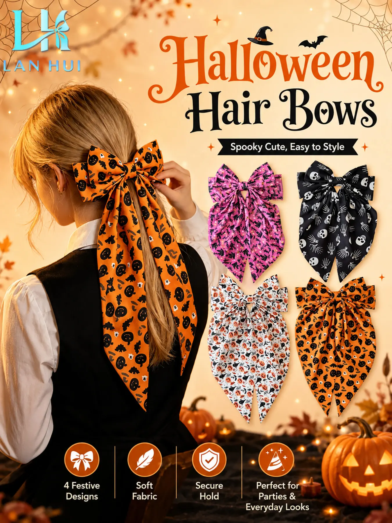 Halloween Long Tail Bow Hair Clips Set, Cute and Spooky Style, Soft Fabric, Festival Party Accessories for Girls, 4 Pieces