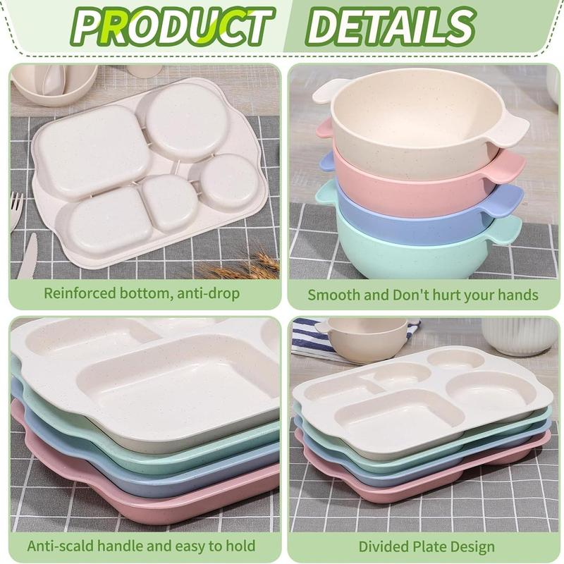 Wheat Straw Cutlery Set, Plates Bowls Sets, 24pcs/set Including Plate*4 & Bowl*4 & Cup*4 & Cutlery*4 Sets, Reusable Wheat Straw Tableware Set for Home School Restaurant