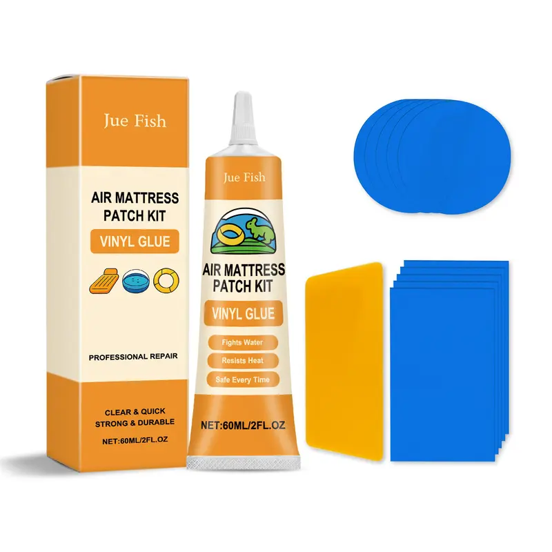 Jue Fish Inflatable Mattress Repair Kit with Vinyl Adhesive, Vinyl Glue, PVC Patches and Scraper for Air Beds and Camping Mats