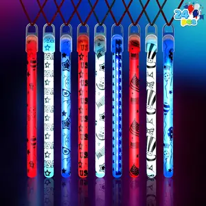 24 Pcs July 4th Patriotic Glow Sticks with Lanyard, Red White and Blue Glow Stick in Different Pattern Designs, 4th of July Light up Accessories for Independence Day, Memorial Day, Veterans Dayfidget toys