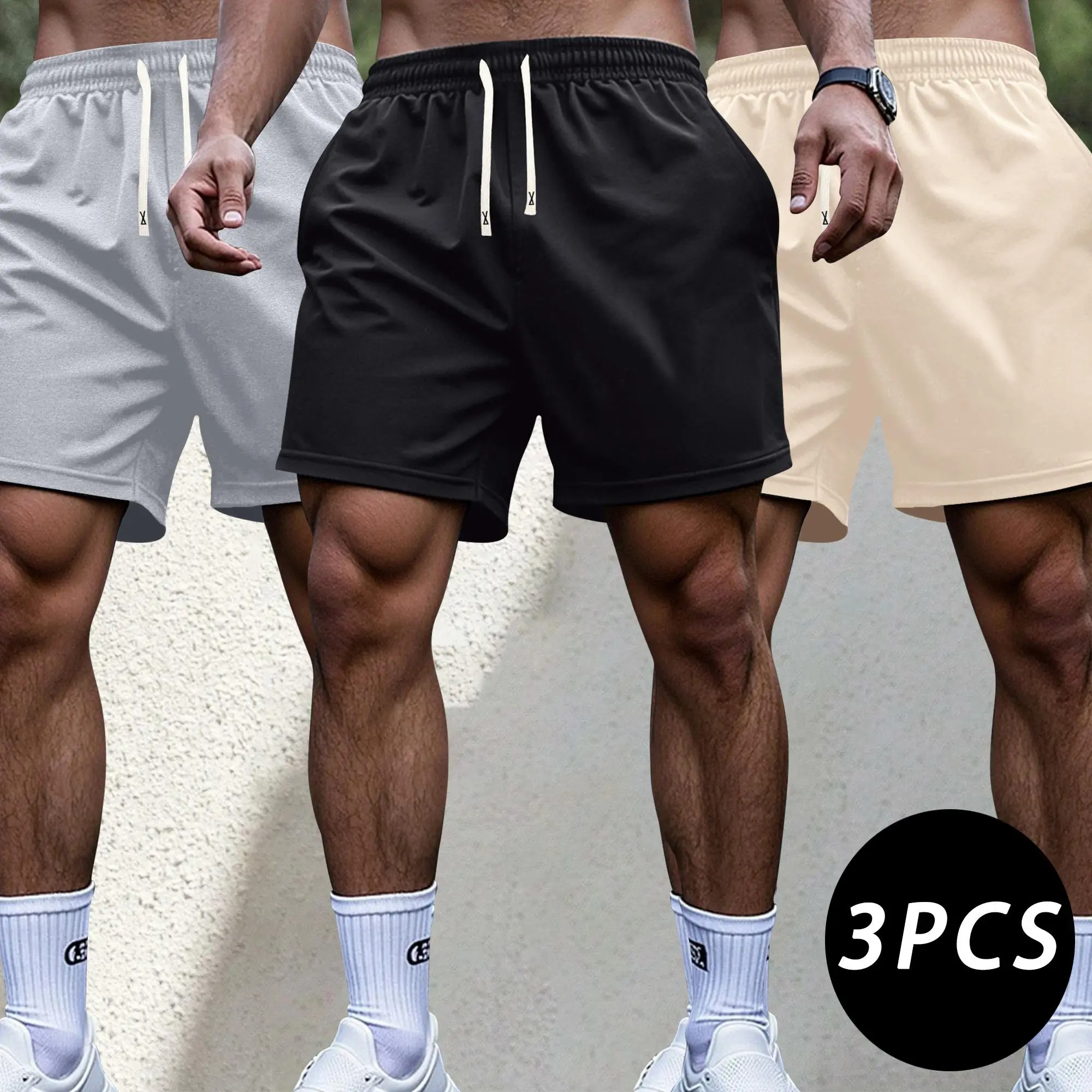 3-Pack Men's Athletic Shorts with Pockets, Elastic Drawstring Waist, Solid Color Gym Workout Running Training Shorts for Basketball, Fitness, Jogging, Outdoor Sports, Travel and Summer Casual Wear