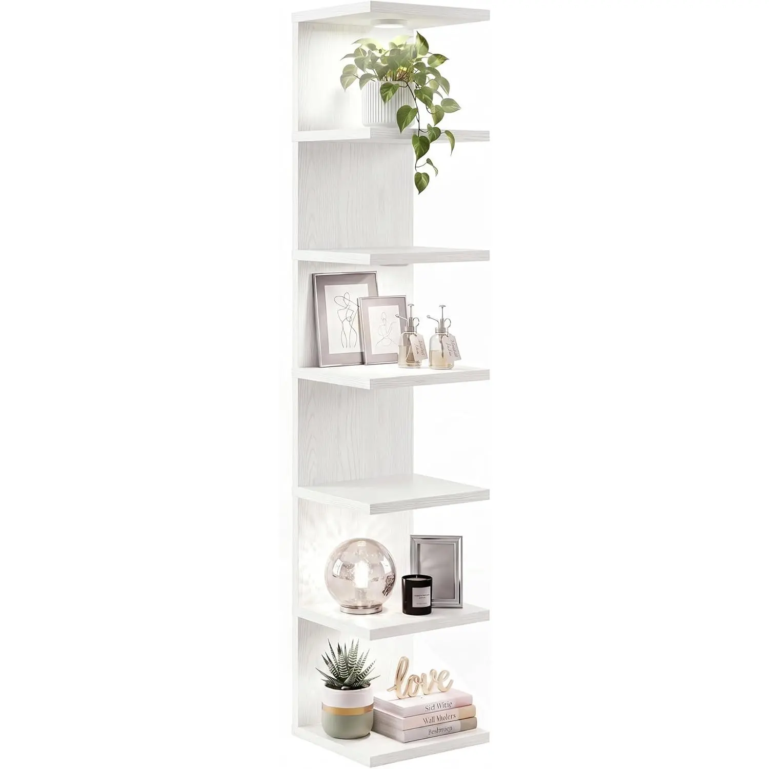 7-Tier Floating Shelves for Wall, Corner Shelf with LED Lights Lack Shelf for Home Organizer Display, Space-Saving, for Kitchen, Living Room, Bedroom, Modern, White