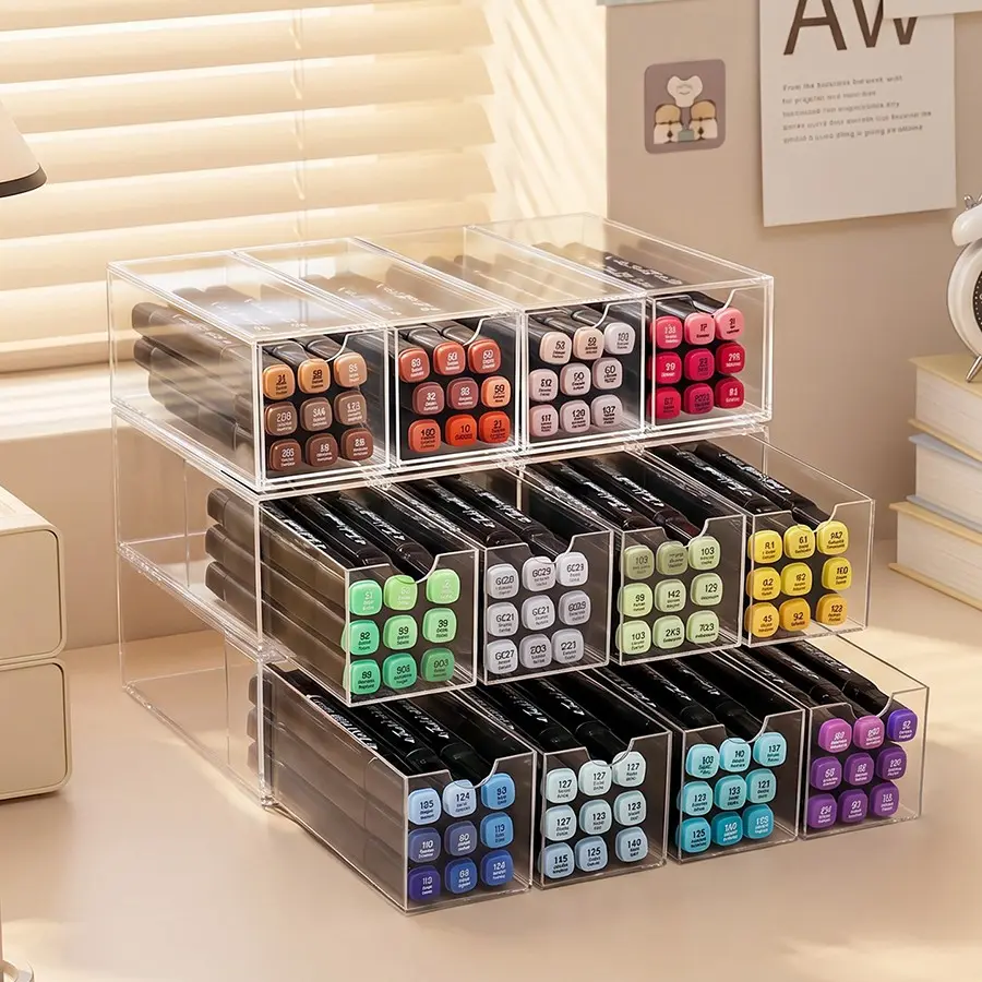 Large Capacity Transparent Desk Organizer, Marker Pen Storage Box, Watercolor Brush Holder, Drawer Style Stationery Rack