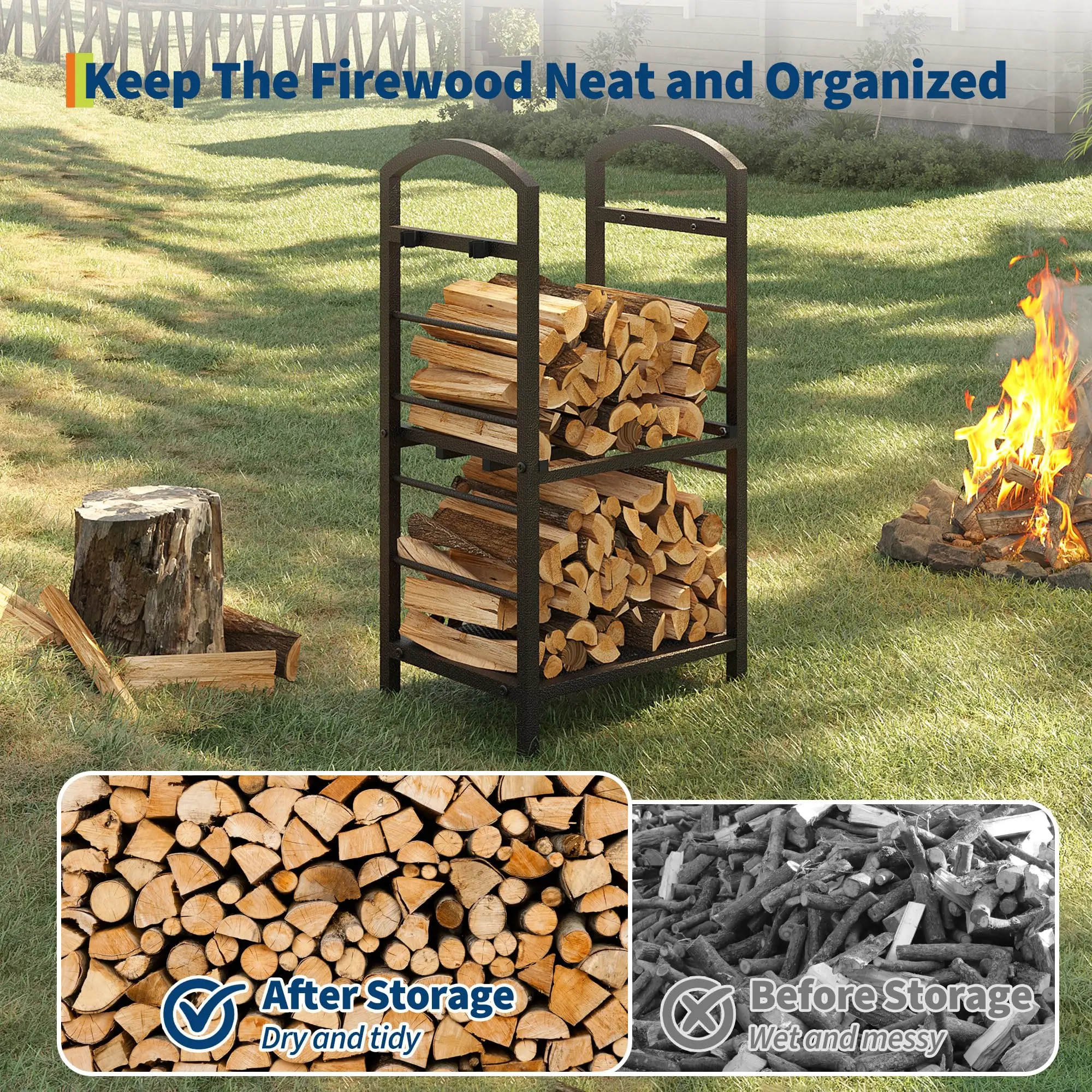 GAOMON Antique Metal Firewood Rack with Double Layer Storage - 5-Piece Fireplace Tool Set - Heavy Duty Indoor Outdoor Wrought Iron Log Holder for Fireplace, Fire Pit, Patio