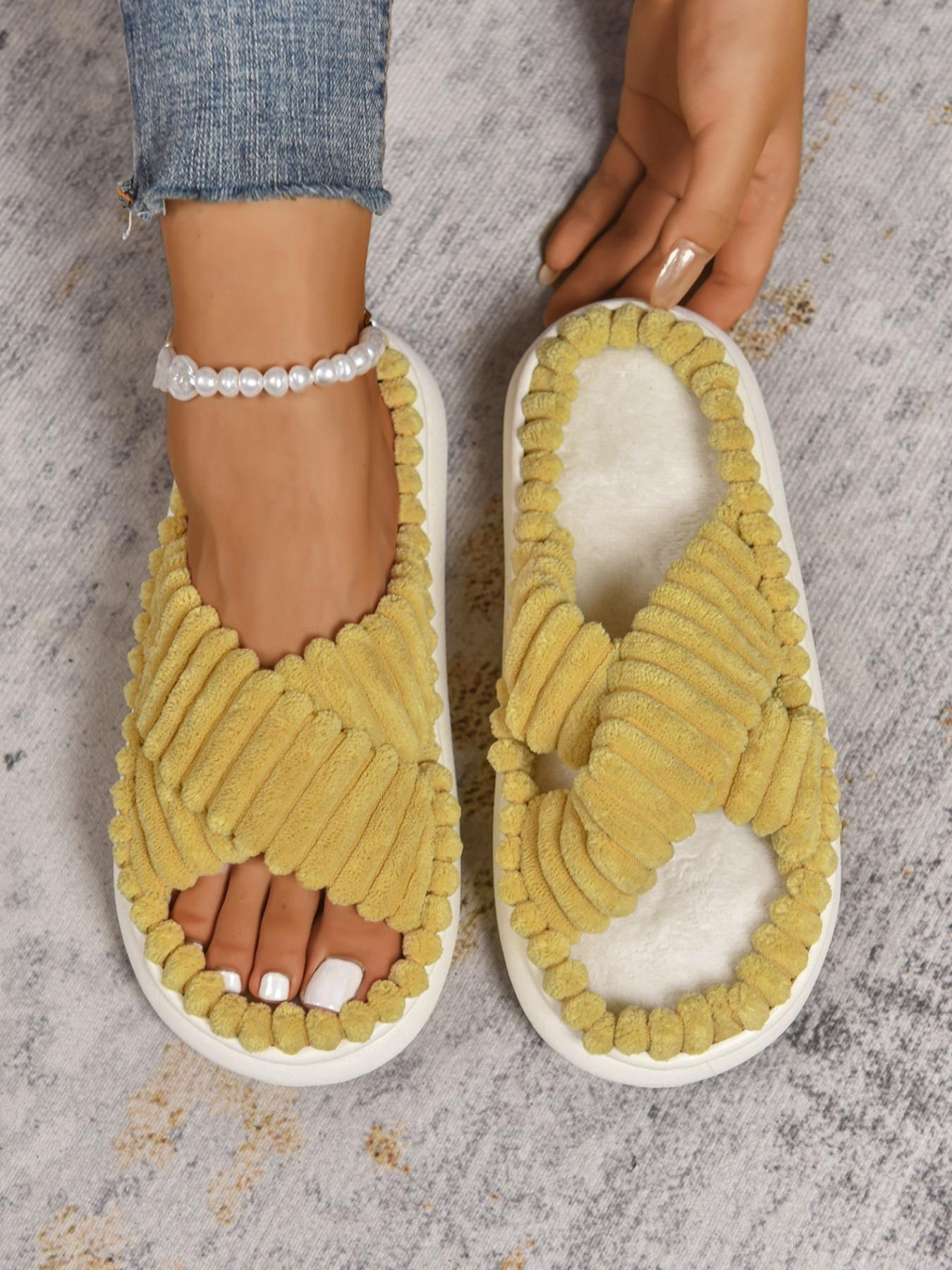 New Large Size 36-45 Casual Fashion Cross Strap Women's Comfortable Warm Thick Sole Slippers, Stylish Home Shoes for Fall & Winter, Cozy Bedroom Slippers